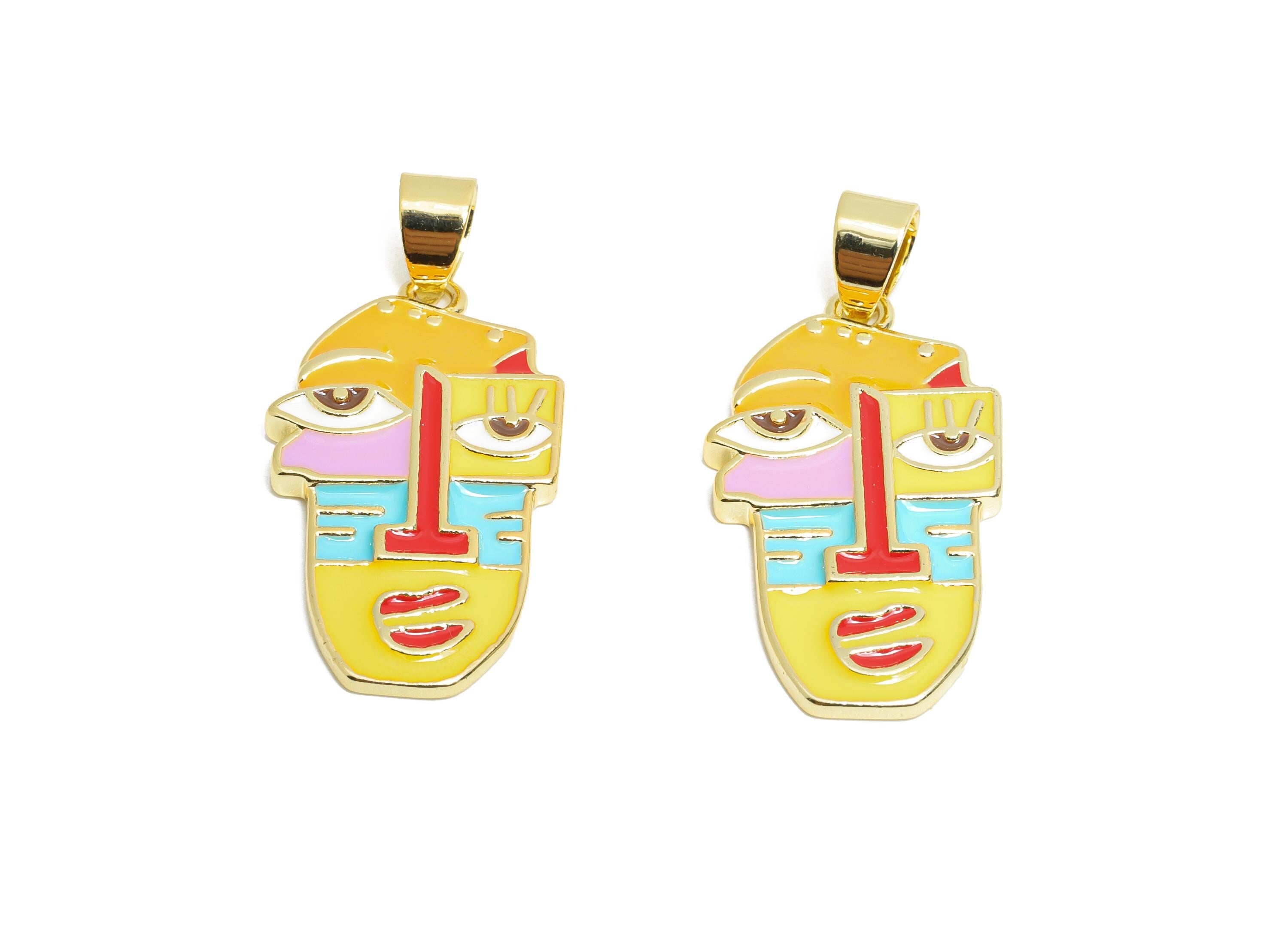 Abstract Portrait Pendant - Brass Zircon Colorful Jewelry - Modern Colorful Brass Pendant - 18K Real Gold Plated - 27x15x2.21mm - RGP9705 - DOMEDBAZAAR