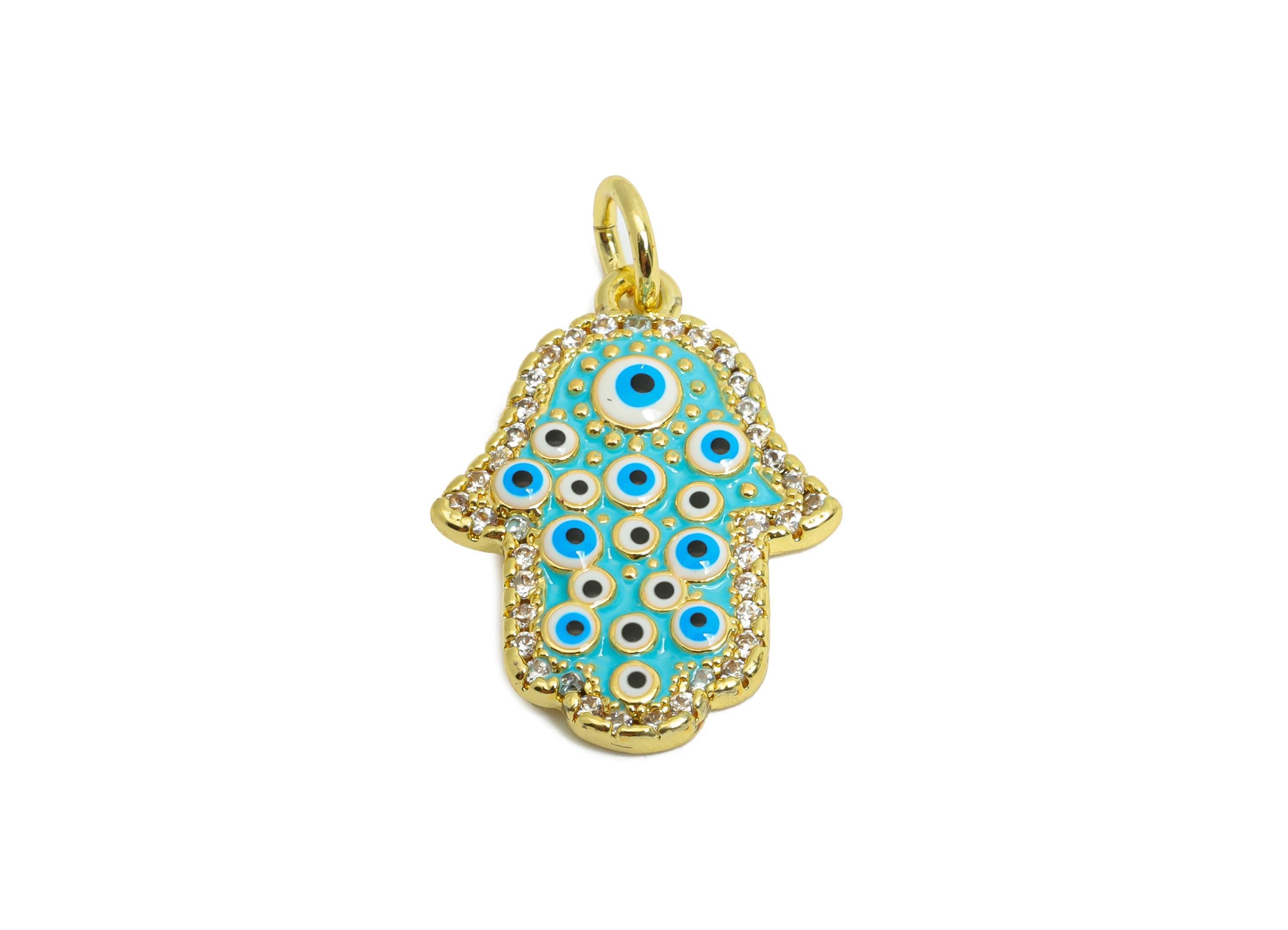 Brass Hamsa Pendant - Brass Eye Enamel Jewelry - Modern Colorful Brass Pendant - All The Eye - 18K Real Gold Plated - 19x14x2mm - RGP9721 - DOMEDBAZAAR