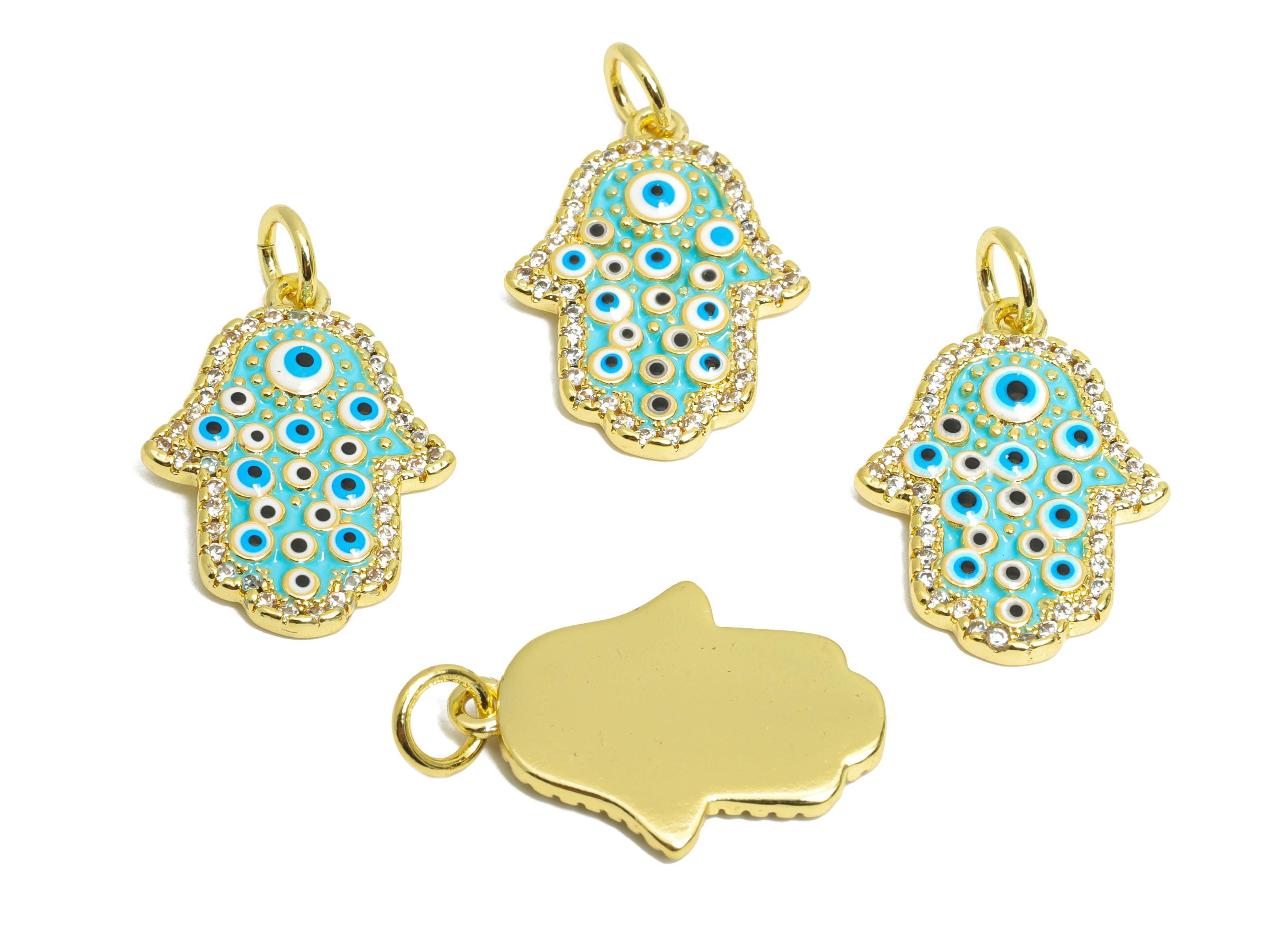 Brass Hamsa Pendant - Brass Eye Enamel Jewelry - Modern Colorful Brass Pendant - All The Eye - 18K Real Gold Plated - 19x14x2mm - RGP9721 - DOMEDBAZAAR