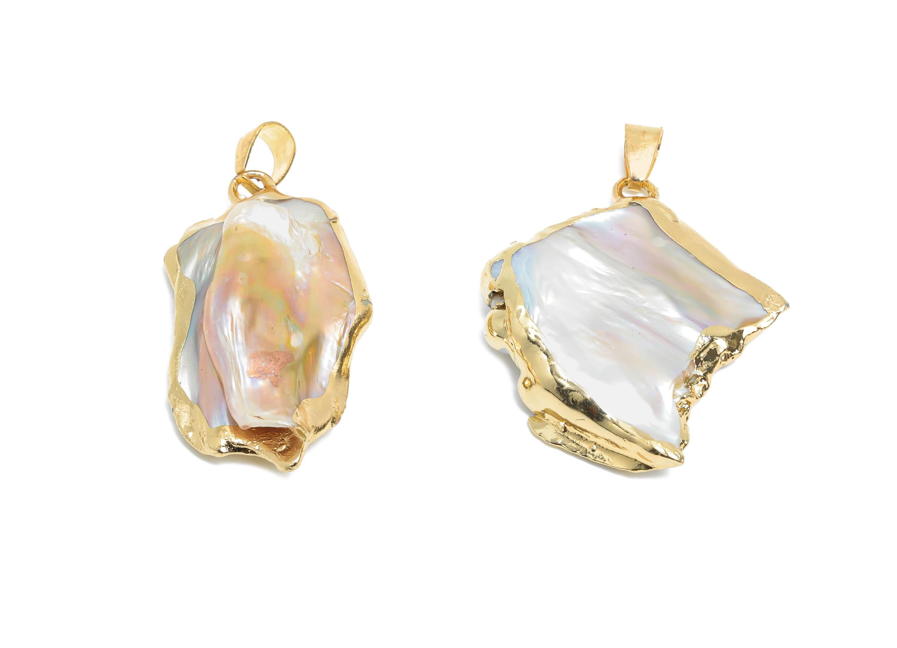 Abstract Seashell Charms - Natural Irregular Mop Pendant - Brass Handmade Jewelry DIY - KC Gold Tone Plating - 30.32x19.3x6.74mm - RGP9579 - DOMEDBAZAAR
