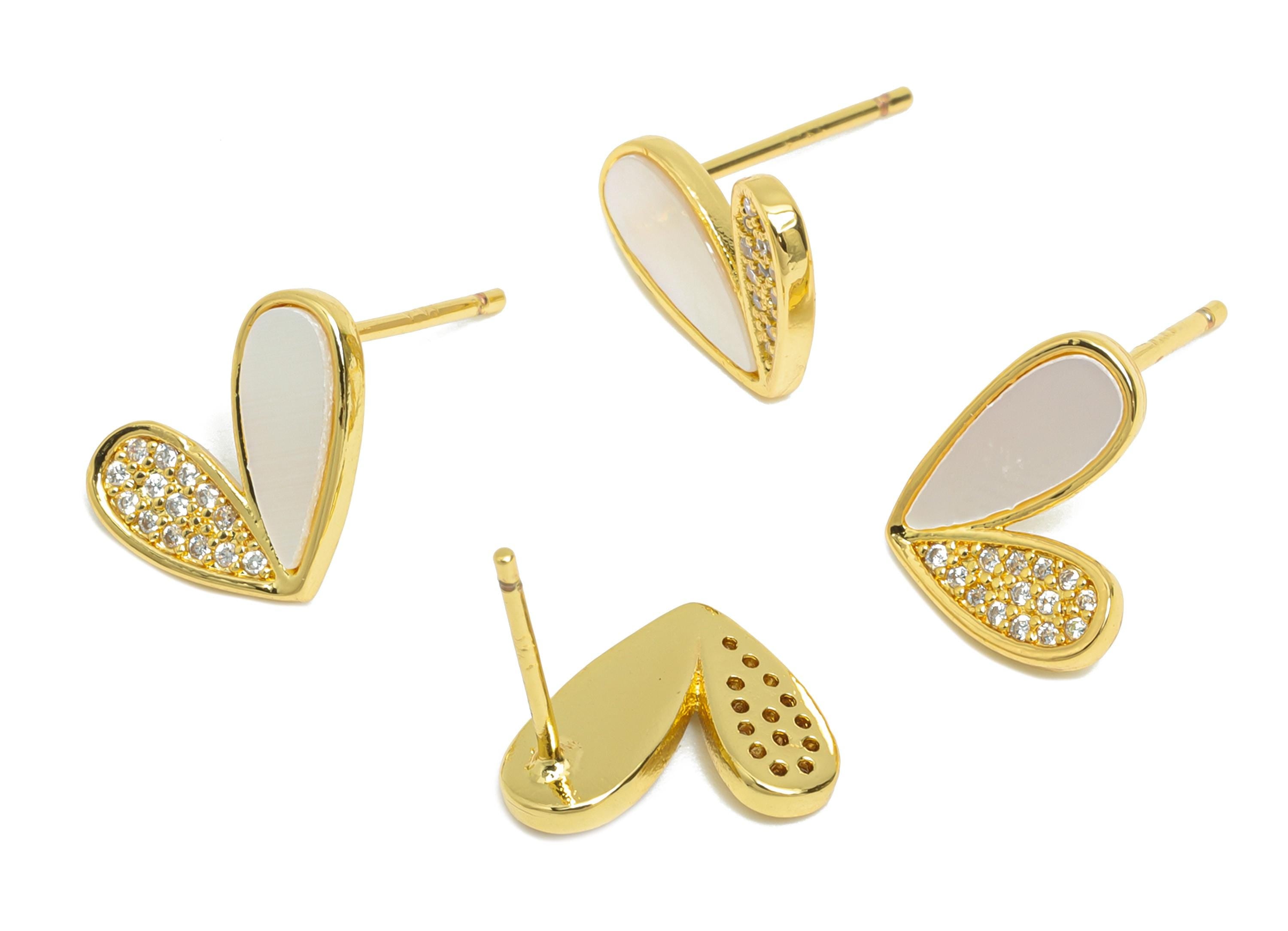 Brass CZ Heart Earring Post - Gold Zircon Heart Earring Stud - Sparking Seashell Earring - 18K Real Gold Plated -11.22x11.85x0.82mm -RGP9617 - DOMEDBAZAAR