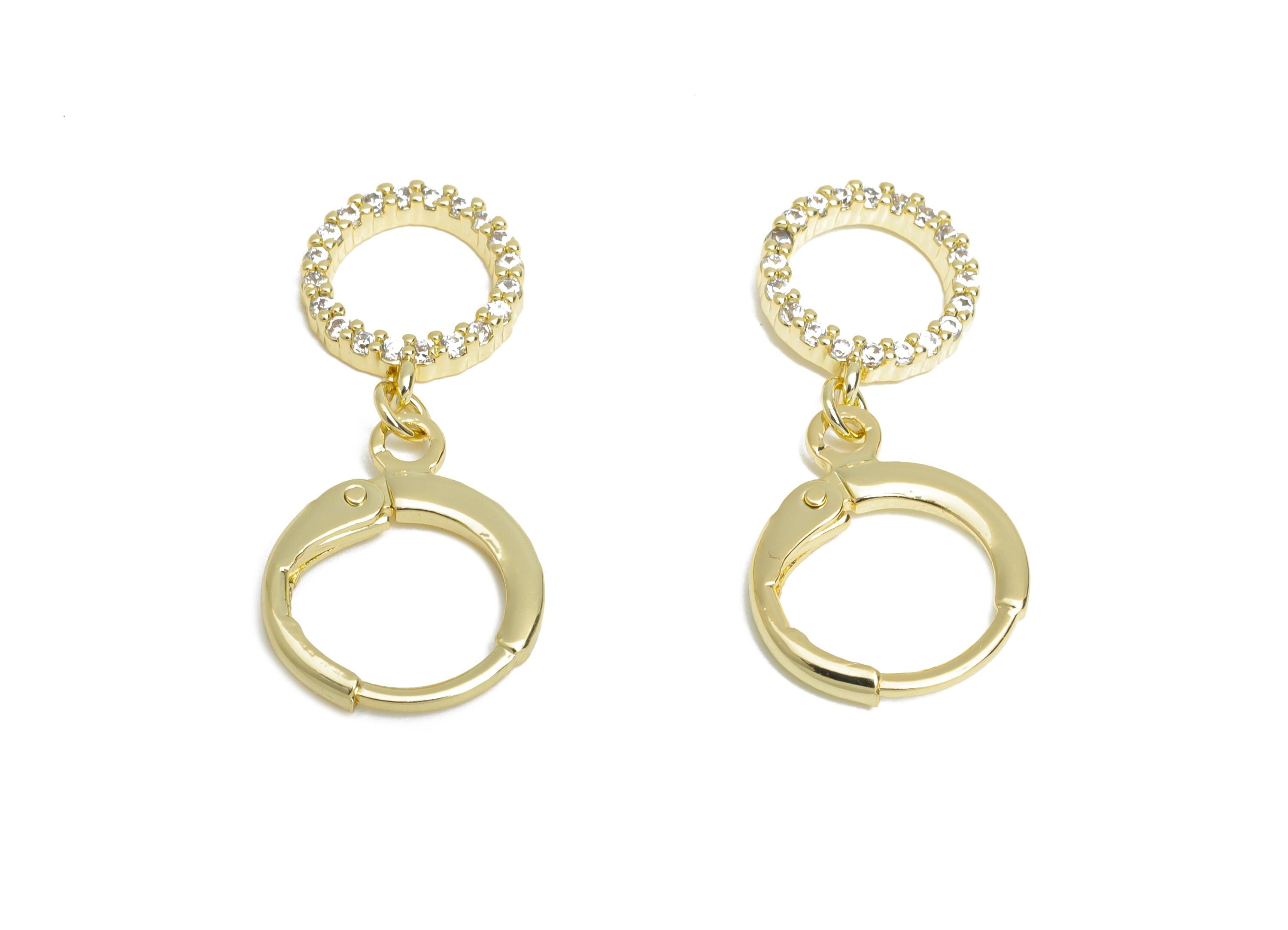 Gold Hoop Lever back Earring - Brass Dangle Huggie Hoop Clasp - Cubic Zircon Earring - 14K Real Gold Plated - 26.32x11.48x1.61mm -RGP9562-14 - DOMEDBAZAAR