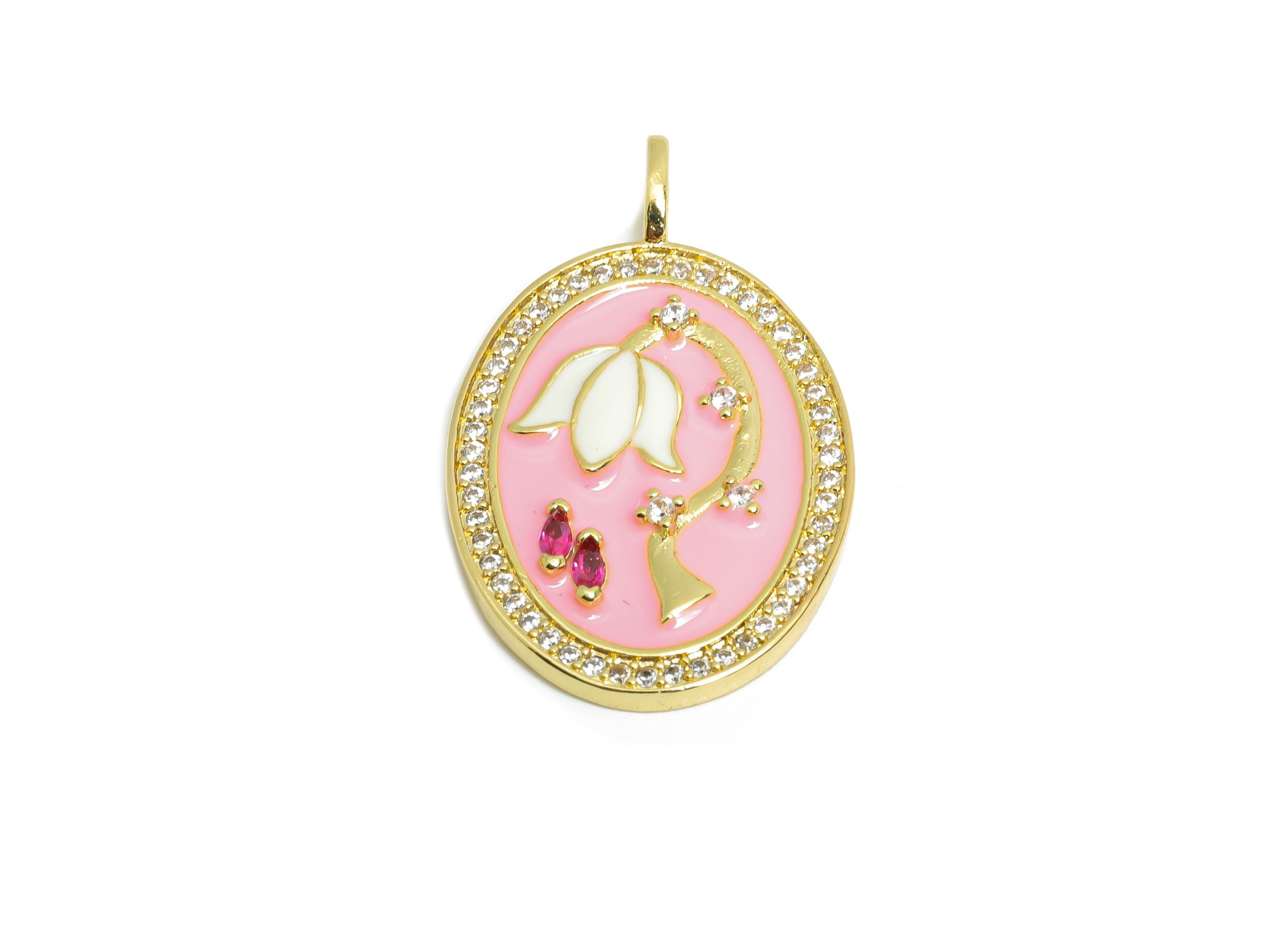 Brass Flower Pendant - Brass Marquise Zircon Pink Floral Jewelry - Oval Enamel Pendant - 18K Real Gold Plating - 31x19x3mm - RGP9726 - DOMEDBAZAAR