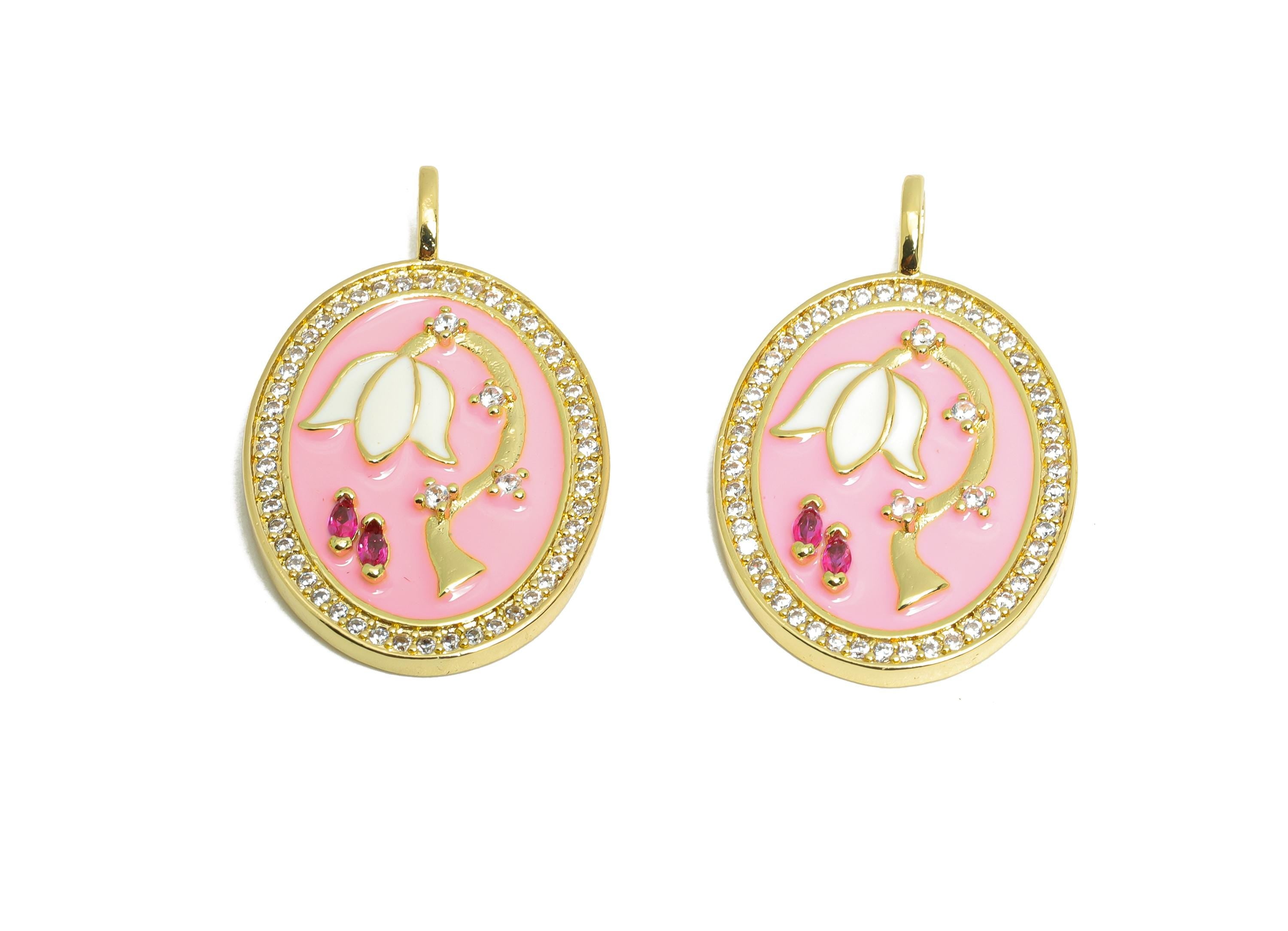 Brass Flower Pendant - Brass Marquise Zircon Pink Floral Jewelry - Oval Enamel Pendant - 18K Real Gold Plating - 31x19x3mm - RGP9726 - DOMEDBAZAAR