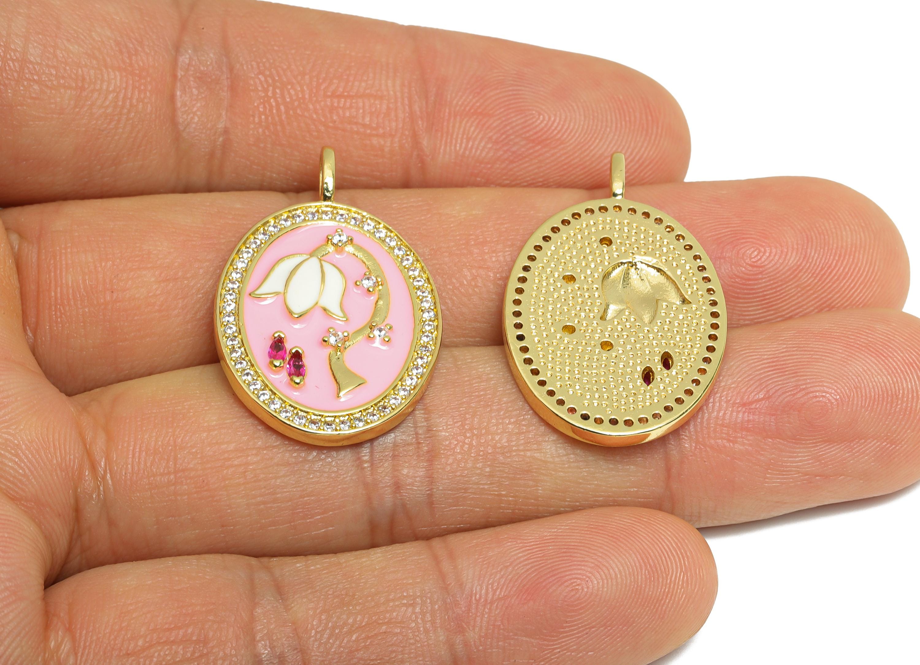Brass Flower Pendant - Brass Marquise Zircon Pink Floral Jewelry - Oval Enamel Pendant - 18K Real Gold Plating - 31x19x3mm - RGP9726 - DOMEDBAZAAR