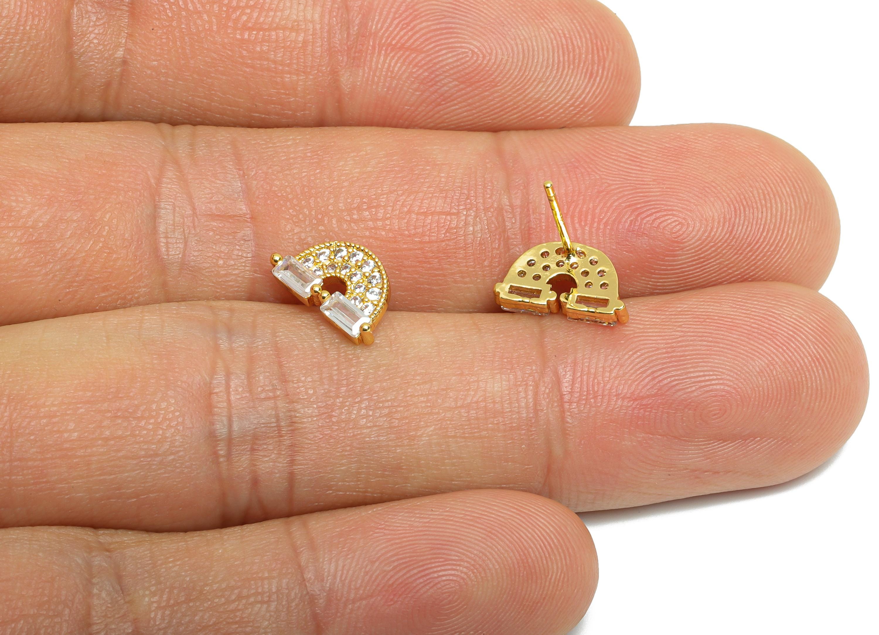 Brass CZ Rainbow Earring - Gold Mini Earring Stud for Girl - Sparking Zircon Earring - 18K Real Gold Plated Brass - 6.5x11.06x0.7mm -RGP9614 - DOMEDBAZAAR
