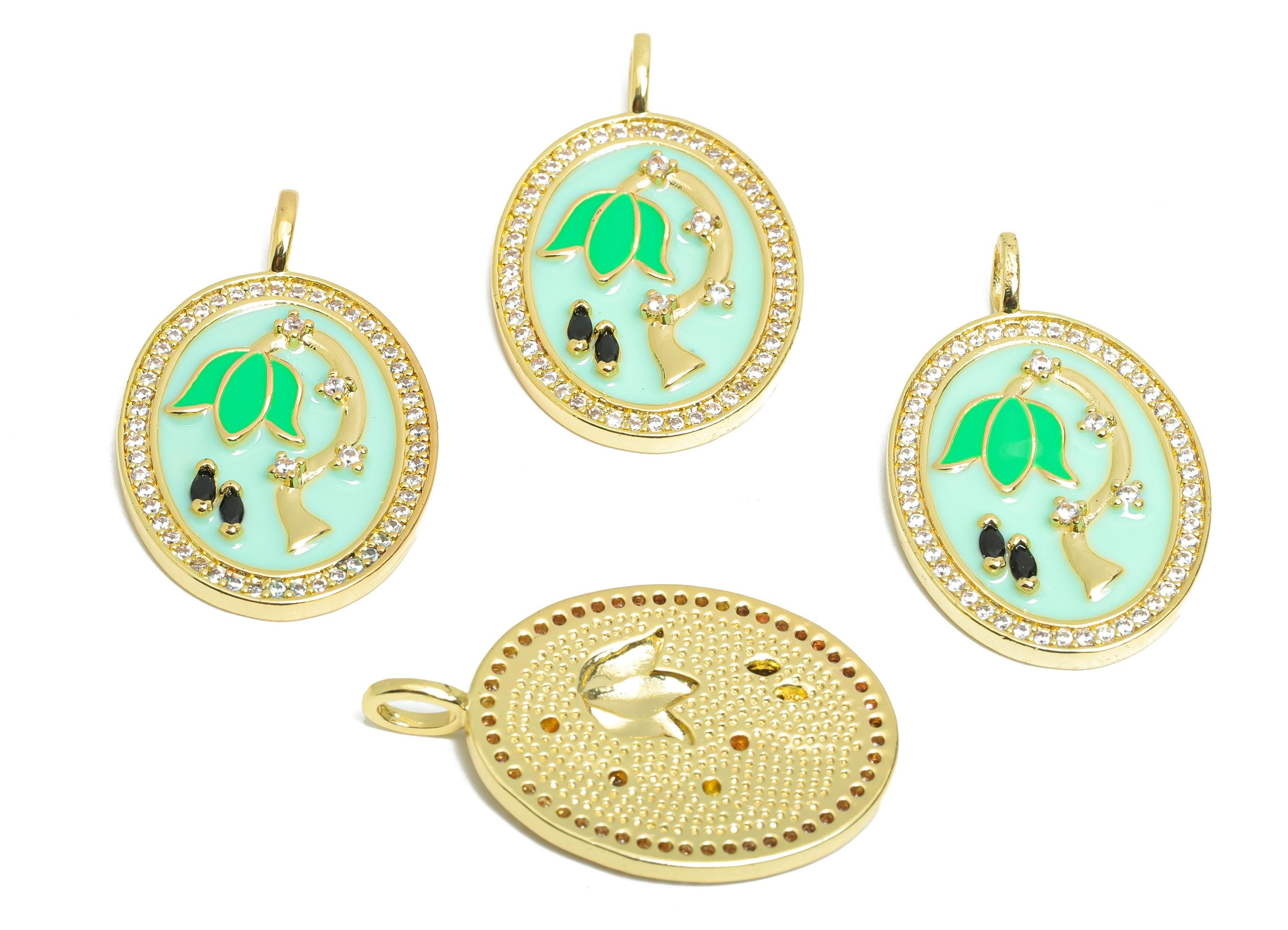 Brass Flower Pendant - Brass Marquise Zircon Green Floral Jewelry - Oval Enamel Pendant - 18K Real Gold Plating - 31x19x3mm - RGP9727 - DOMEDBAZAAR