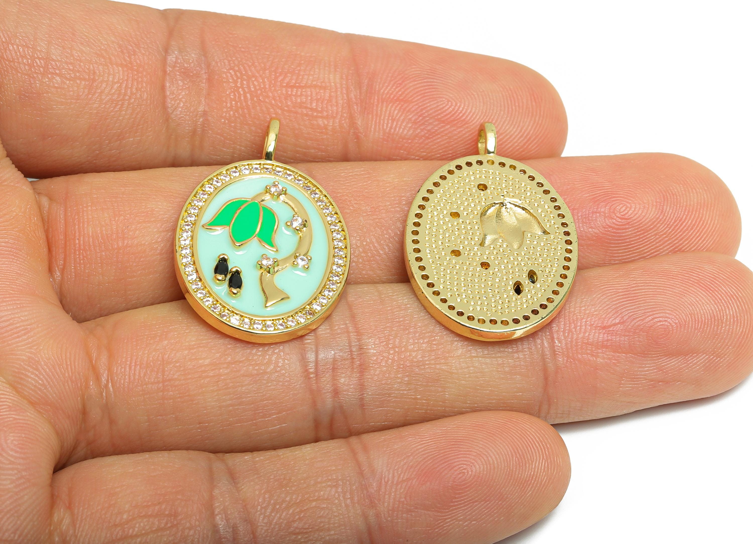 Brass Flower Pendant - Brass Marquise Zircon Green Floral Jewelry - Oval Enamel Pendant - 18K Real Gold Plating - 31x19x3mm - RGP9727 - DOMEDBAZAAR