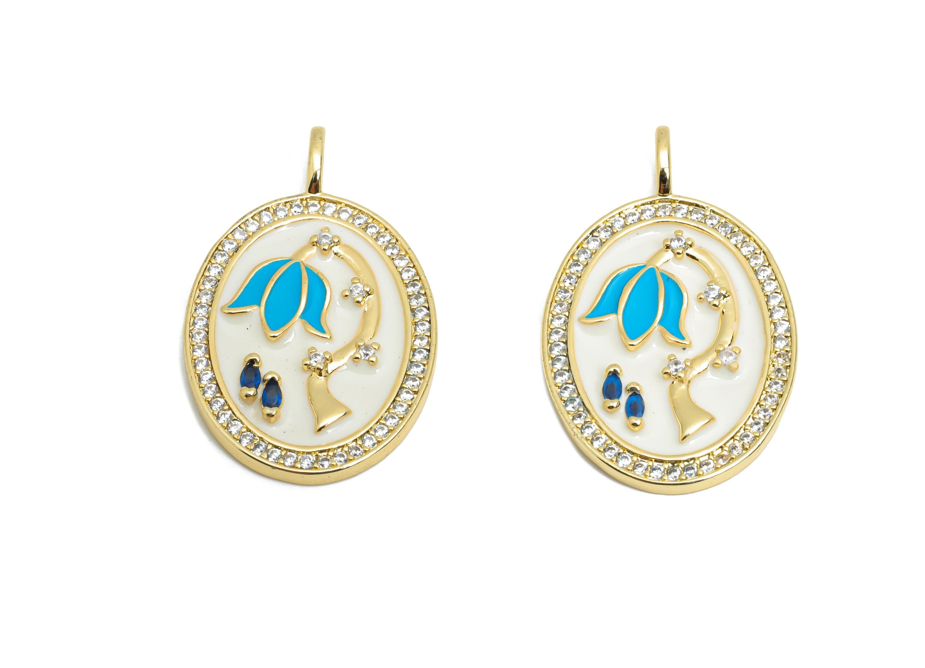 Brass Flower Pendant - Brass Marquise Zircon White Floral Jewelry - Oval Enamel Pendant - 18K Real Gold Plating - 31x19x3mm - RGP9725 - DOMEDBAZAAR