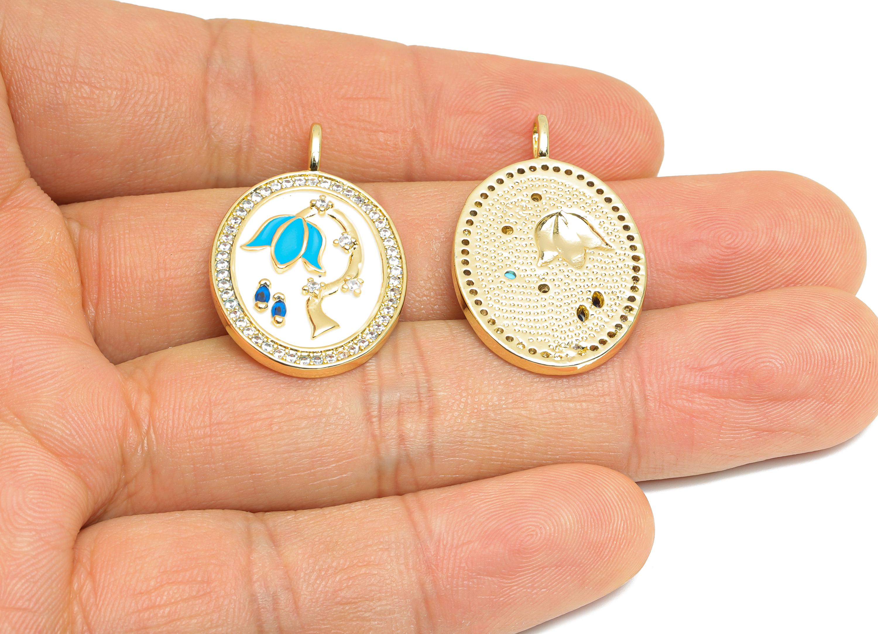 Brass Flower Pendant - Brass Marquise Zircon White Floral Jewelry - Oval Enamel Pendant - 18K Real Gold Plating - 31x19x3mm - RGP9725 - DOMEDBAZAAR