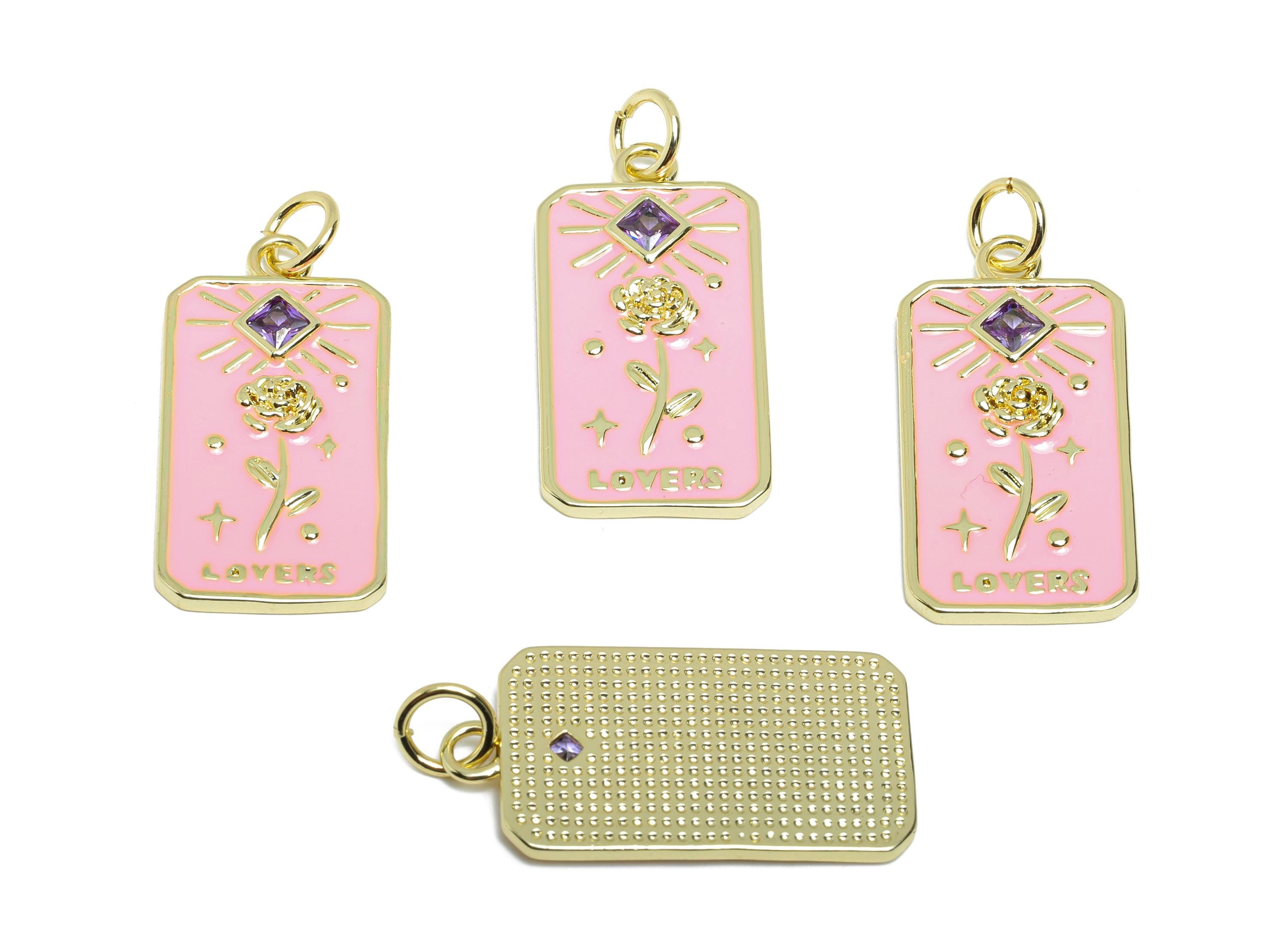 Pink Flower Pendant - Brass Square Zircon Enamel Rose Jewelry - Rectangle Space Pendant - 18K Real Gold Plating - 27x14x2.04mm - RGP9723 - DOMEDBAZAAR