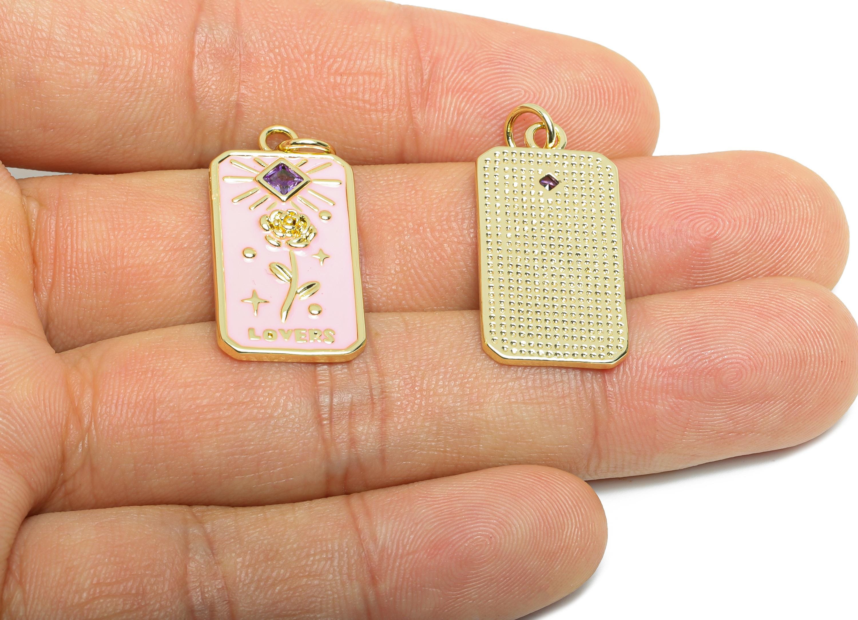 Pink Flower Pendant - Brass Square Zircon Enamel Rose Jewelry - Rectangle Space Pendant - 18K Real Gold Plating - 27x14x2.04mm - RGP9723 - DOMEDBAZAAR