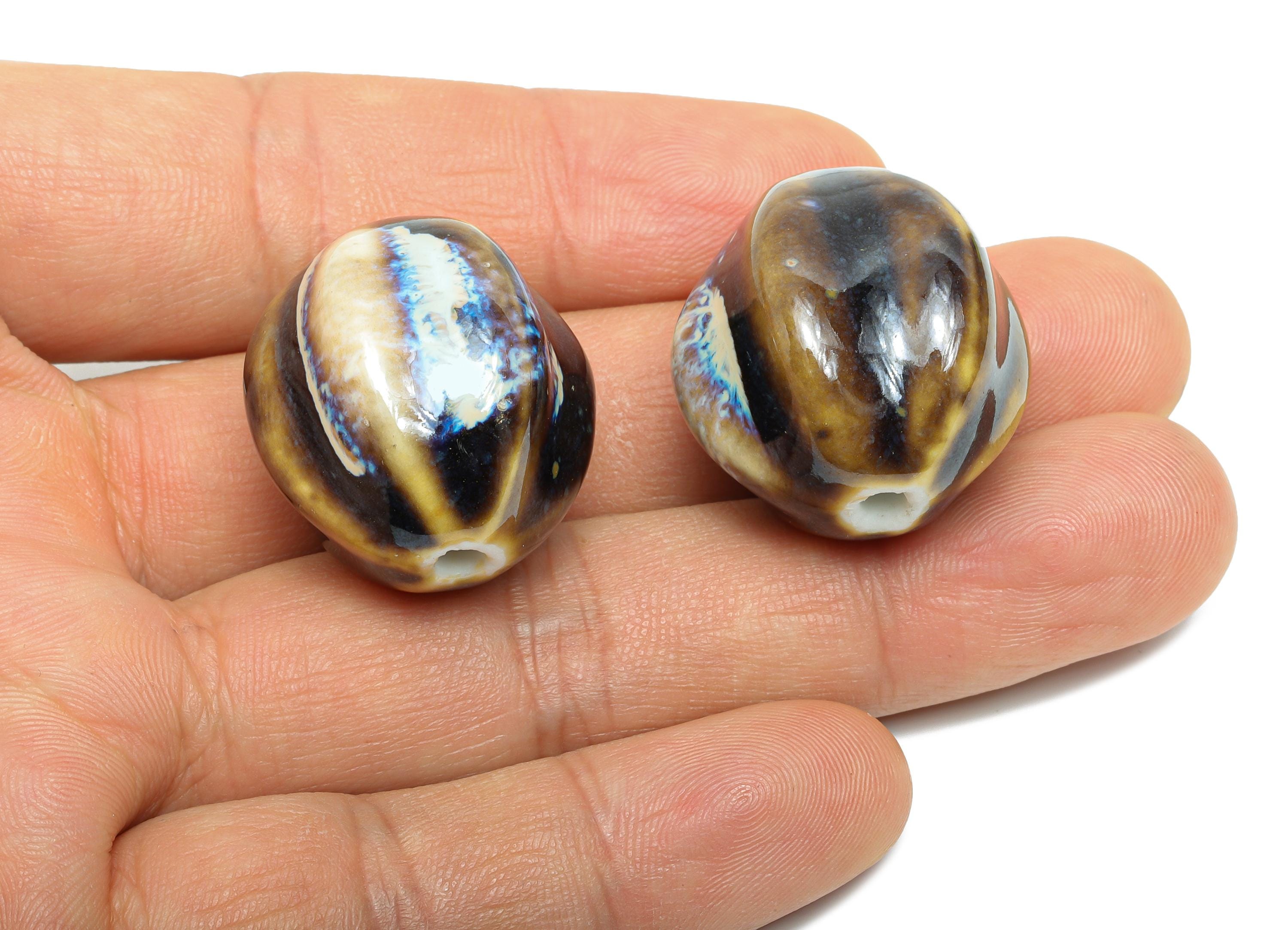 Striped Oval Ceramic Bead - Craft Beads for Necklace or Bracelet - Rustic Artisan - Textured Ceramic  Making Supplies - 28x21x25mm - NS2812 - DOMEDBAZAAR