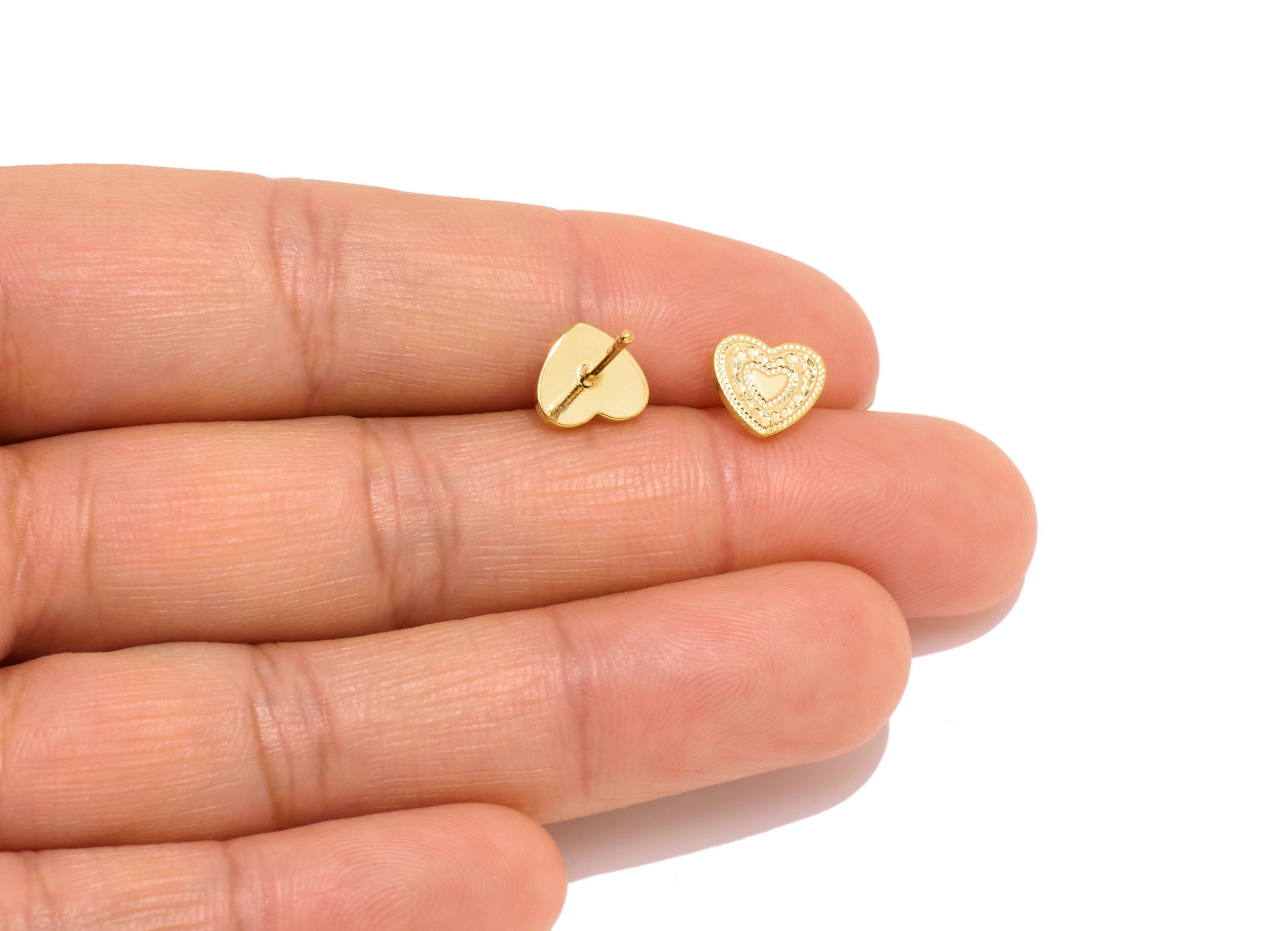 Brass Heart Earring Studs - Modern Gold Love Heart Post - Valentine&#39;s Gift - Minimalist Jewelry - 18K Gold Plated - 7.25x8x0.8mm - RGP10762 - DOMEDBAZAAR
