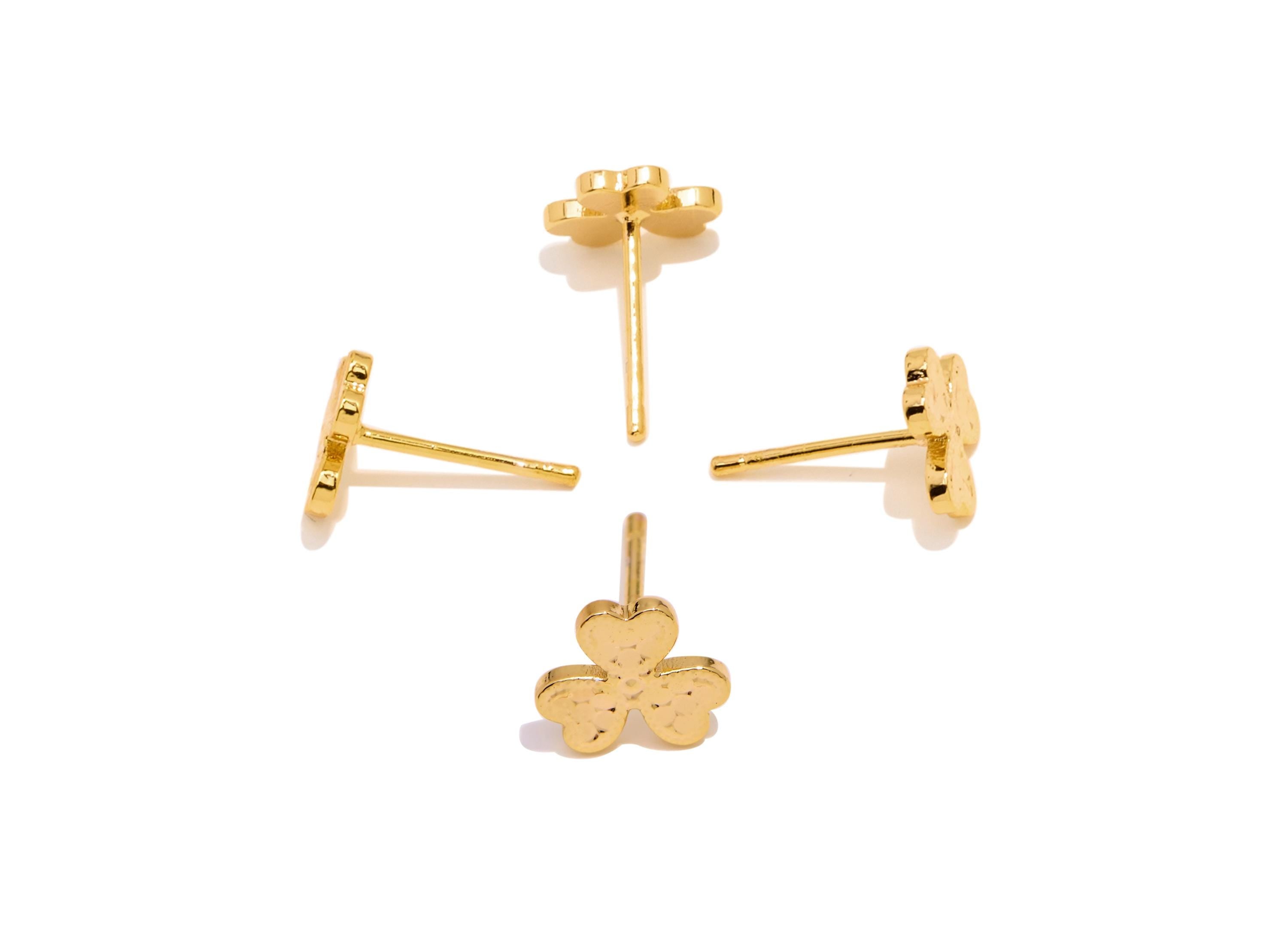 Brass Shamrock Earring Stud - Sparkling Gold Lucky Flower Post - Elegant Jewelry - 18K Real Gold Plated Brass - 8.27x8.35x0.8mm - RGP10765 - DOMEDBAZAAR