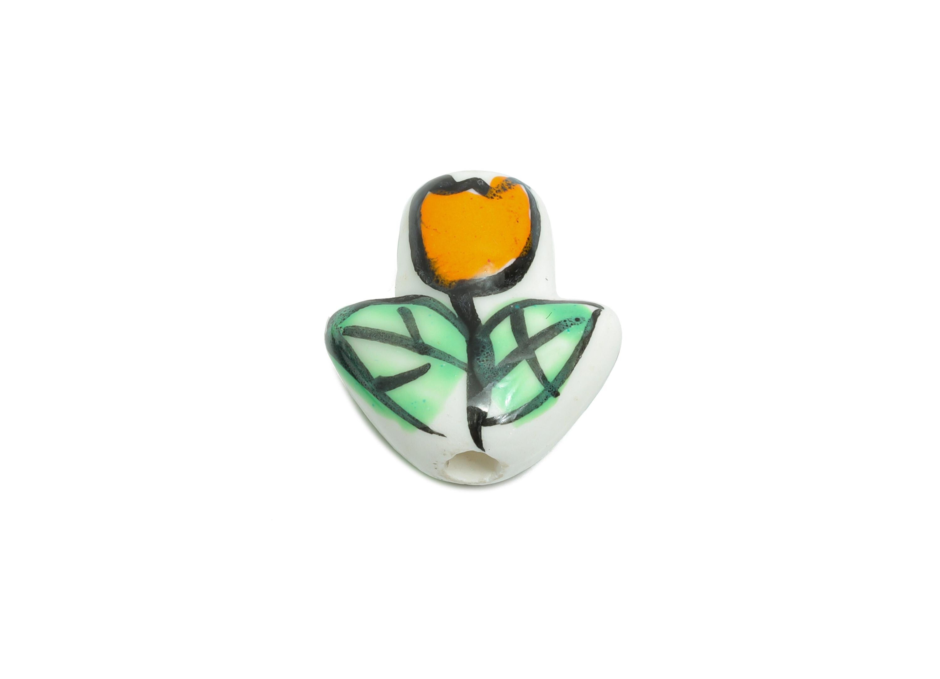 Ceramic Floral Beads - Craft Beads for Necklace or Bracelet - Orange Tulip Handmade Bead - Textured Making Supplies - 16.12x14x7mm - NS2855A - DOMEDBAZAAR
