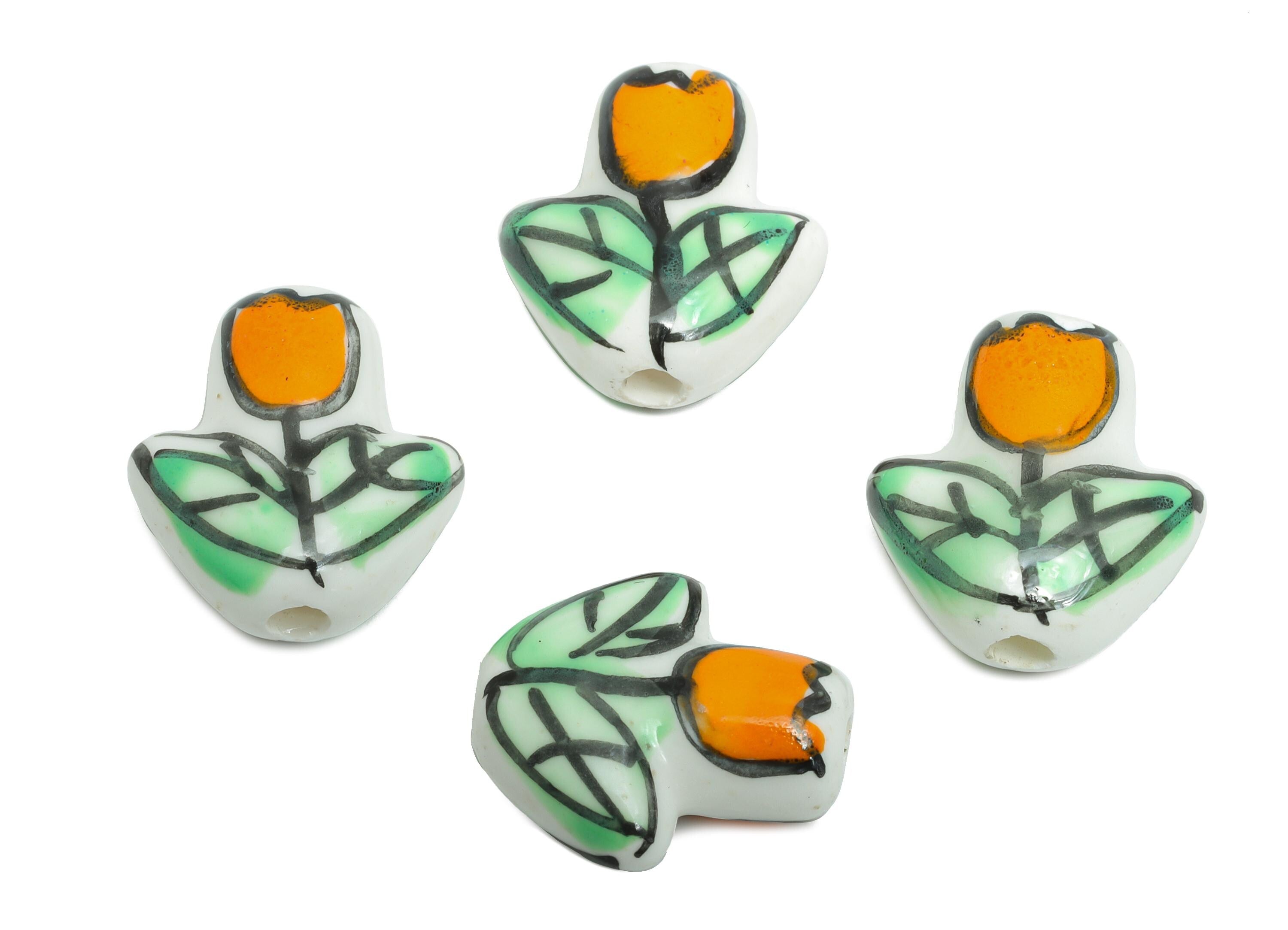 Ceramic Floral Beads - Craft Beads for Necklace or Bracelet - Orange Tulip Handmade Bead - Textured Making Supplies - 16.12x14x7mm - NS2855A - DOMEDBAZAAR