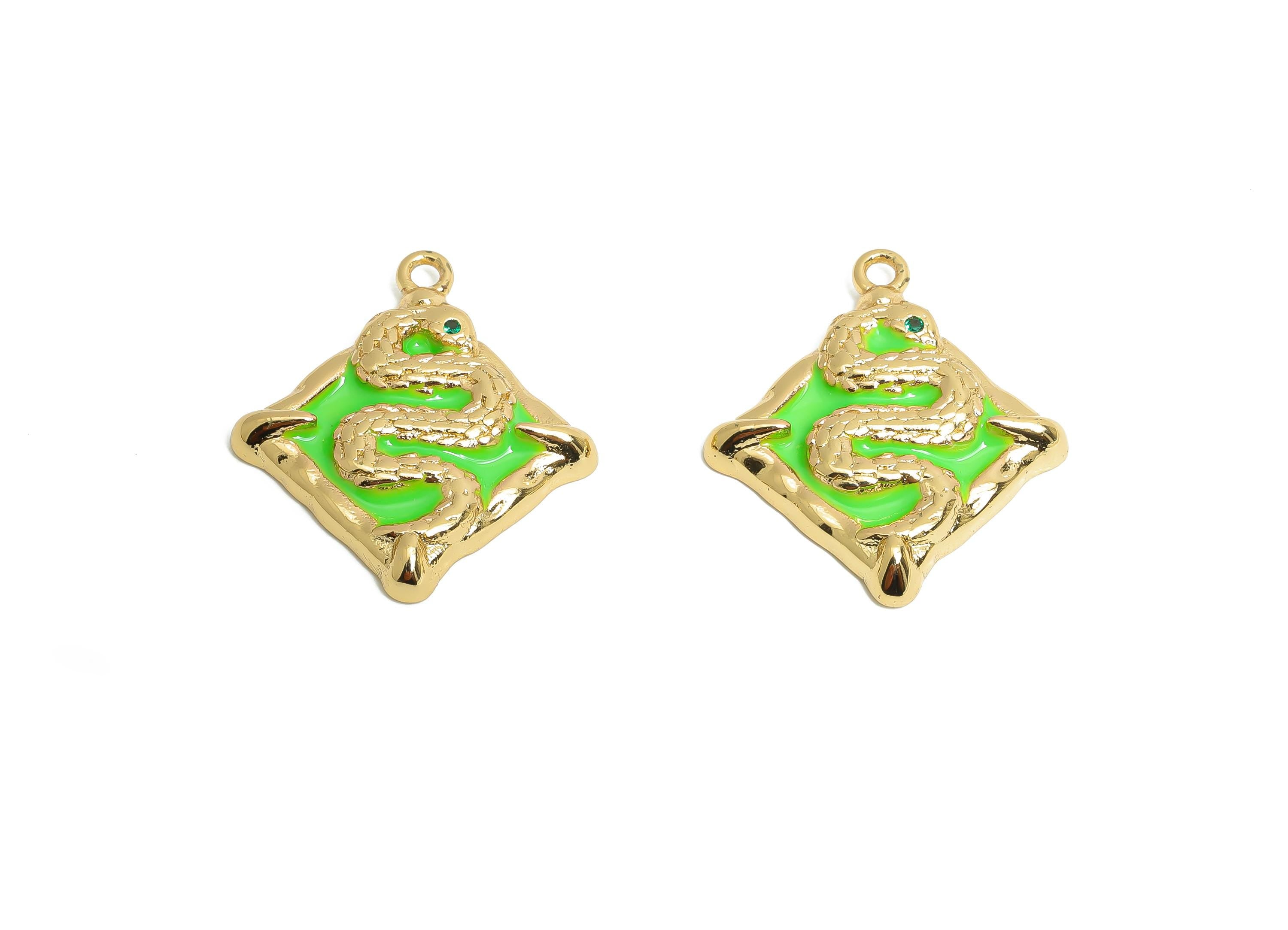 Snake Enamel Square Pendant - Brass Square Zircon Enamel Jewelry - Vintage Snake Pendant - 18K Real Gold Plating - 20x18x3mm - RGP9708 - DOMEDBAZAAR