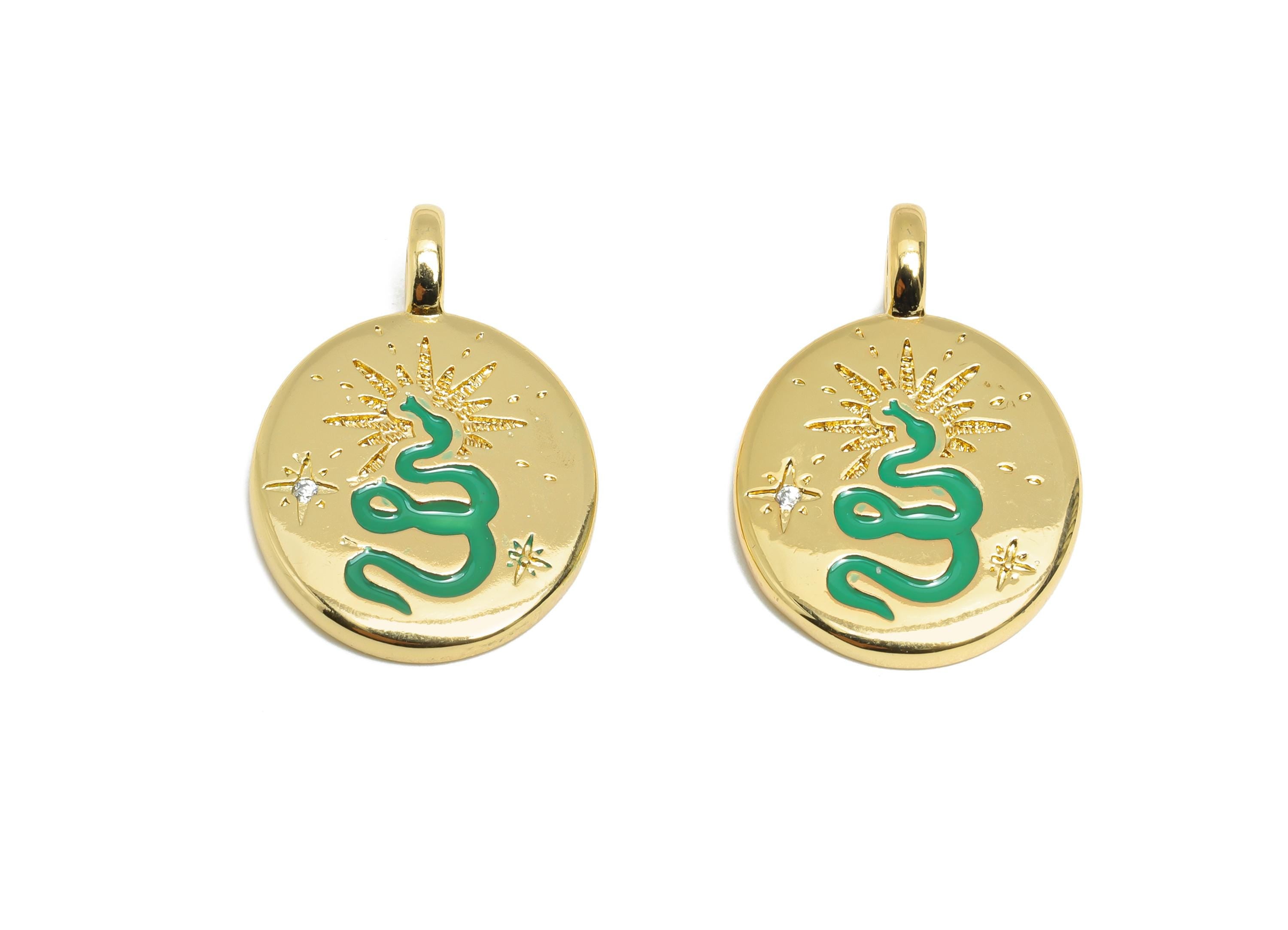 Snake Enamel Oval Pendant - Brass Symbol of Protection Jewelry - Zircon Vintage Snake Pendant - 18K Real Gold Plating - 25x16x2mm - RGP9709 - DOMEDBAZAAR