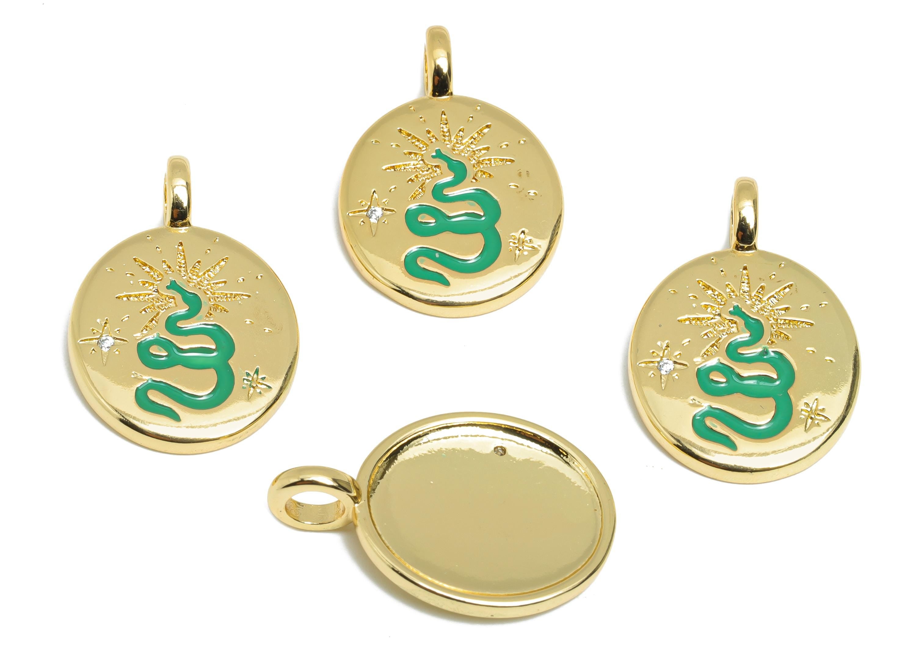 Snake Enamel Oval Pendant - Brass Symbol of Protection Jewelry - Zircon Vintage Snake Pendant - 18K Real Gold Plating - 25x16x2mm - RGP9709 - DOMEDBAZAAR