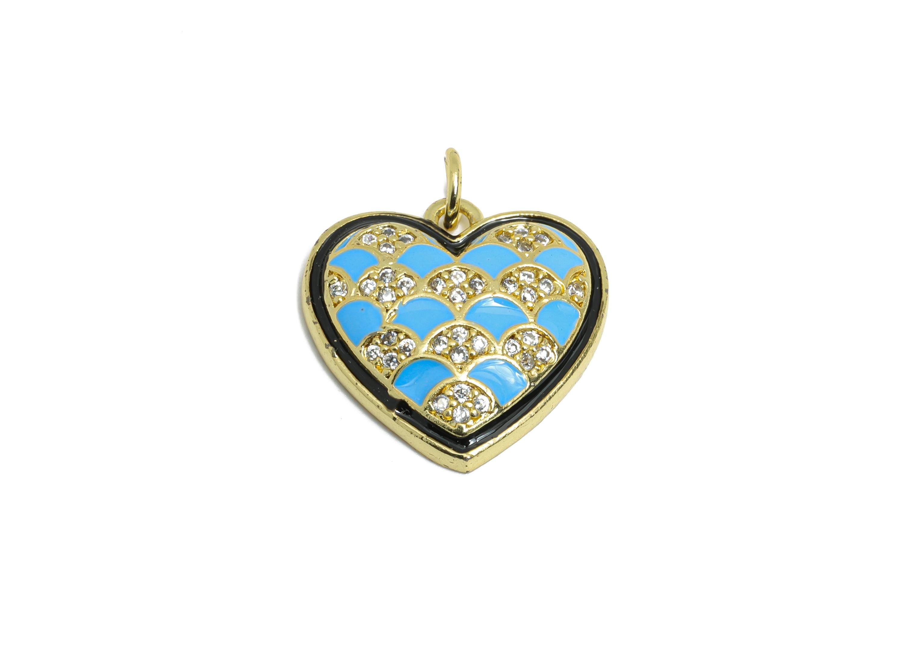 Blue Heart Enamel Pendant - Brass Textured Vintage Zircon Jewelry - Modern Romantic Pendant - 18K Real Gold Plating - 18x18x4.01mm - RGP9715 - DOMEDBAZAAR