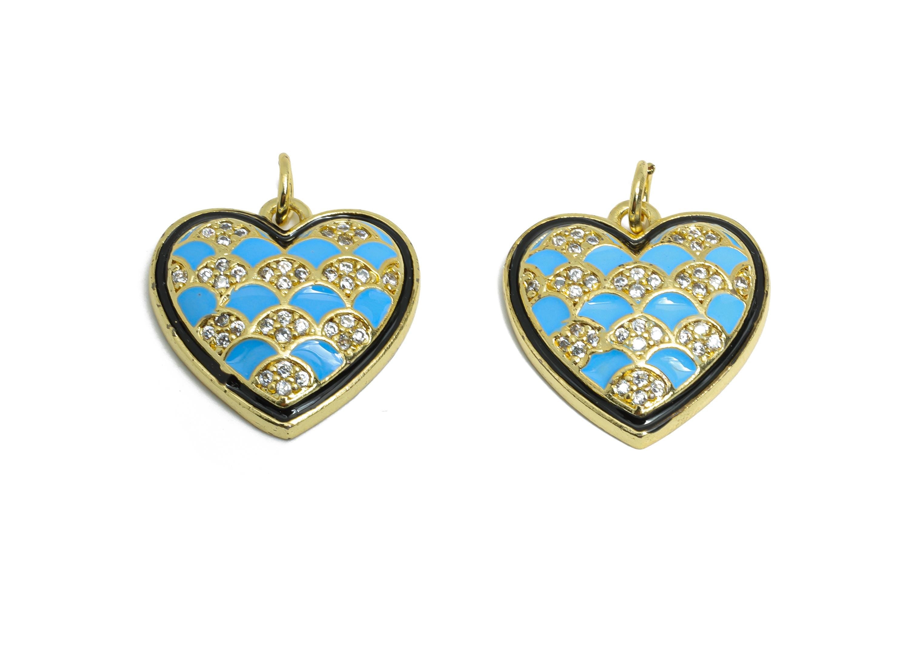 Blue Heart Enamel Pendant - Brass Textured Vintage Zircon Jewelry - Modern Romantic Pendant - 18K Real Gold Plating - 18x18x4.01mm - RGP9715 - DOMEDBAZAAR