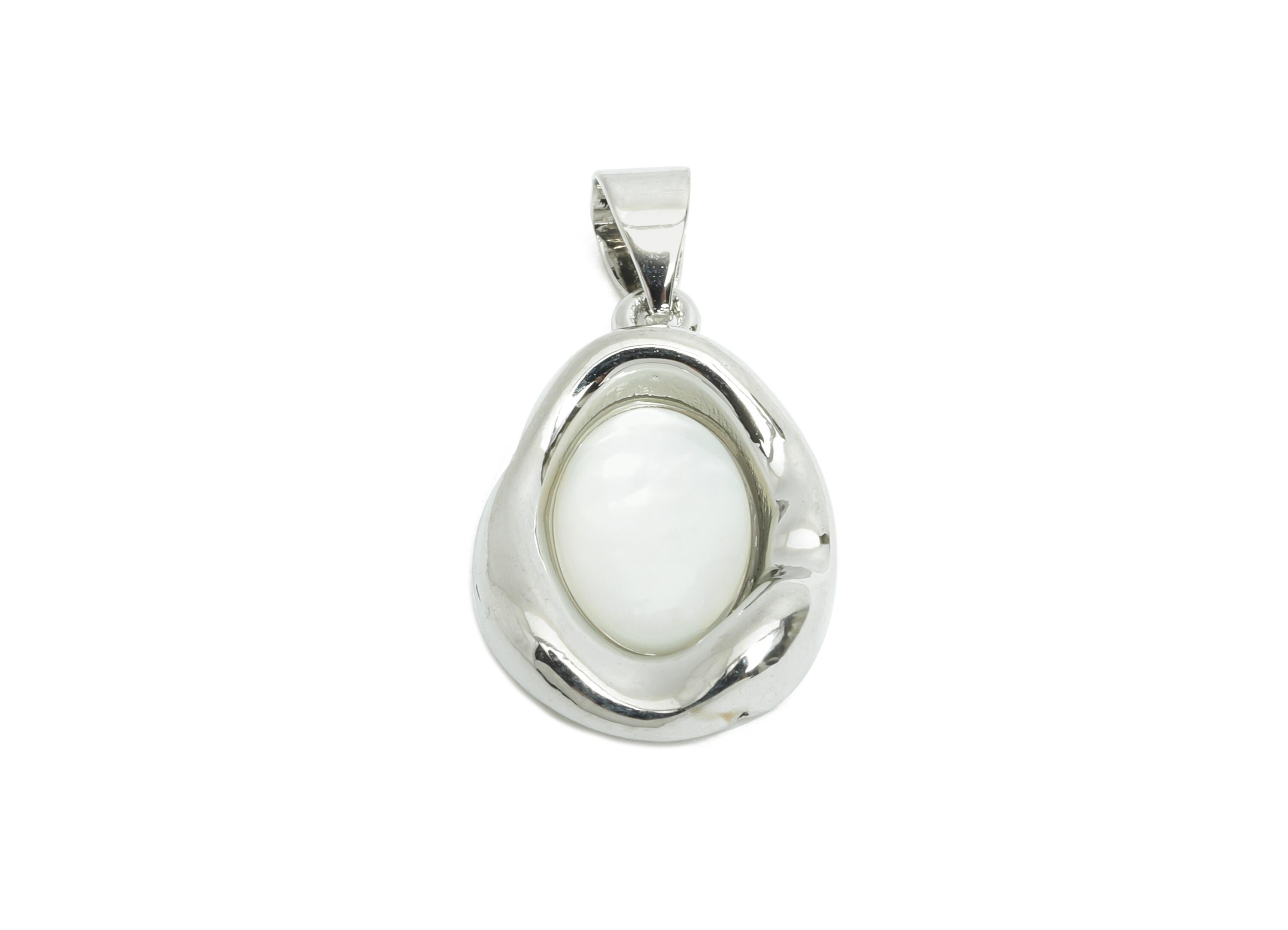 Brass Sea Shell Pendant - Brass Oval Vintage Jewelry - Silver Shiny Shell Pendant - 18K Real White Gold Plated - 22x2x3.84mm - RGP9636 - DOMEDBAZAAR