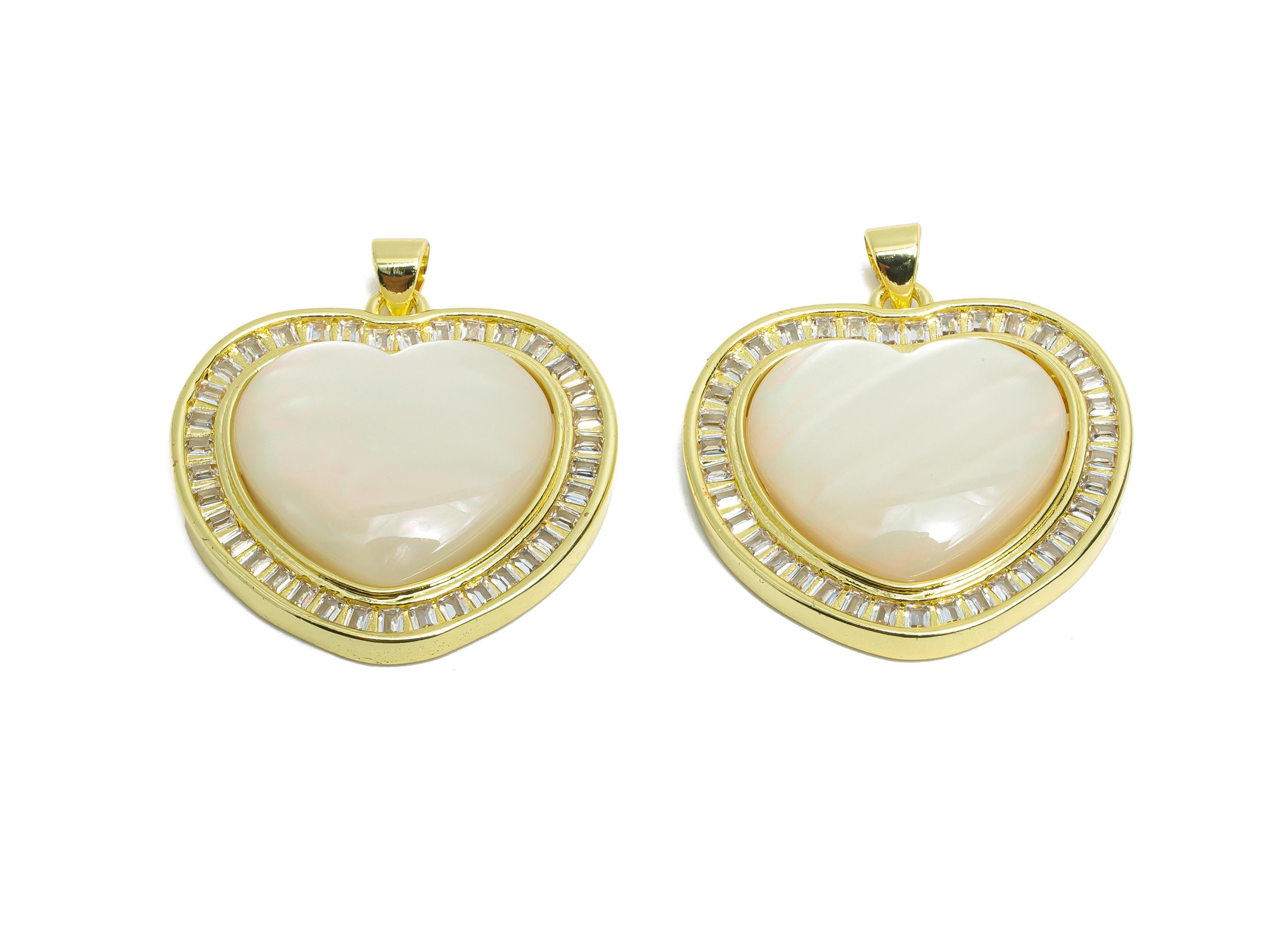 Brass Shell Heart Pendant - Brass Luxurious Jewelry - Gold Cubic Zircon Shell Pendant - 18K Real Gold Plated - 27x28x6mm - RGP9716 - DOMEDBAZAAR