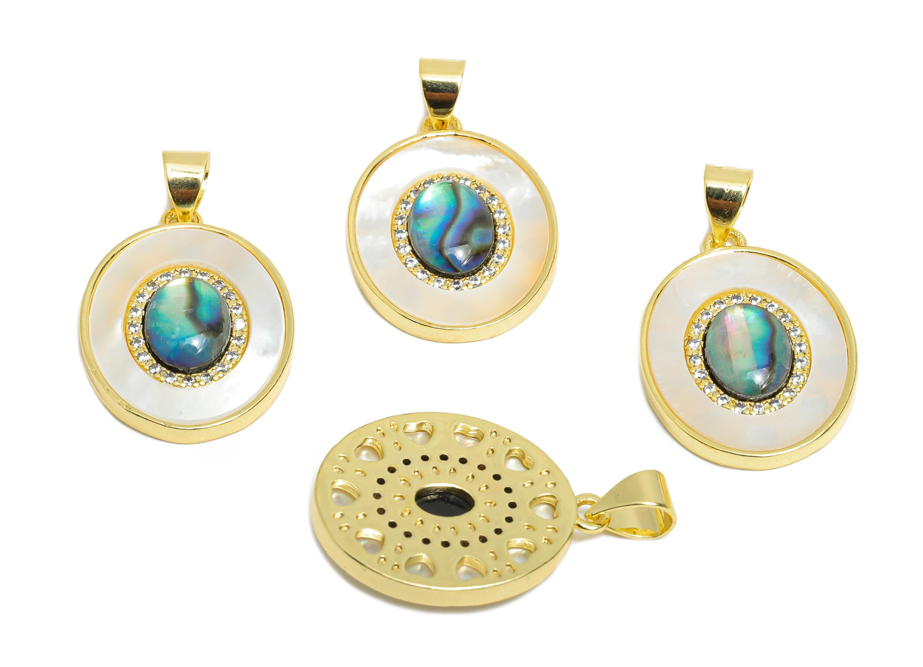 Brass Oval Pendant - Brass Abalone Shell Jewelry - Geometry Cubic Zircon Pendant - 18K Real Gold Plated - 25x5x3.75mm - RGP9634 - DOMEDBAZAAR
