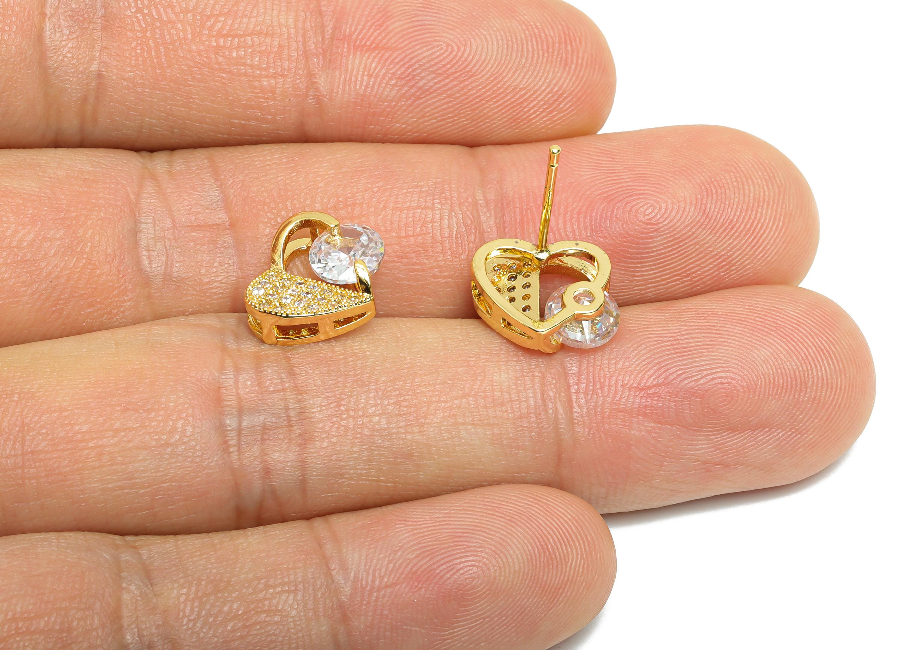 Brass CZ Heart Stud Earring - Gold Inlay Zircon Heart Earring Stud - Sparking Jewelry for Gift- 18K Gold Plated - 9.73x11.96x0.76mm -RGP9616 - DOMEDBAZAAR