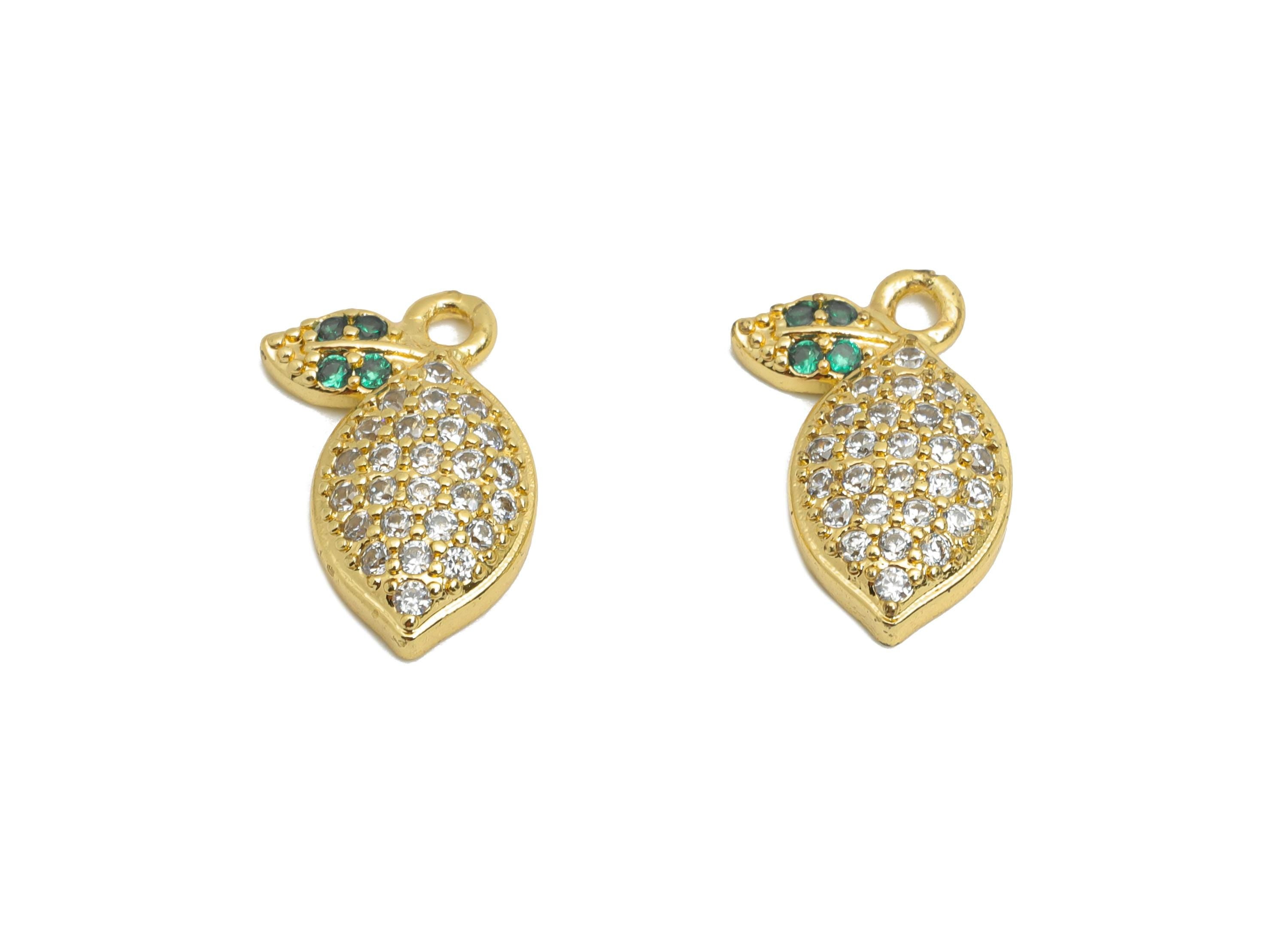 Brass CZ Leaf Earring Charm - Gold Botanical Pendant for Bracelet - Sparkling CZ Jewelry - 18K Real Gold-Plated - 14x9x2.86mm - RGP9728 - DOMEDBAZAAR
