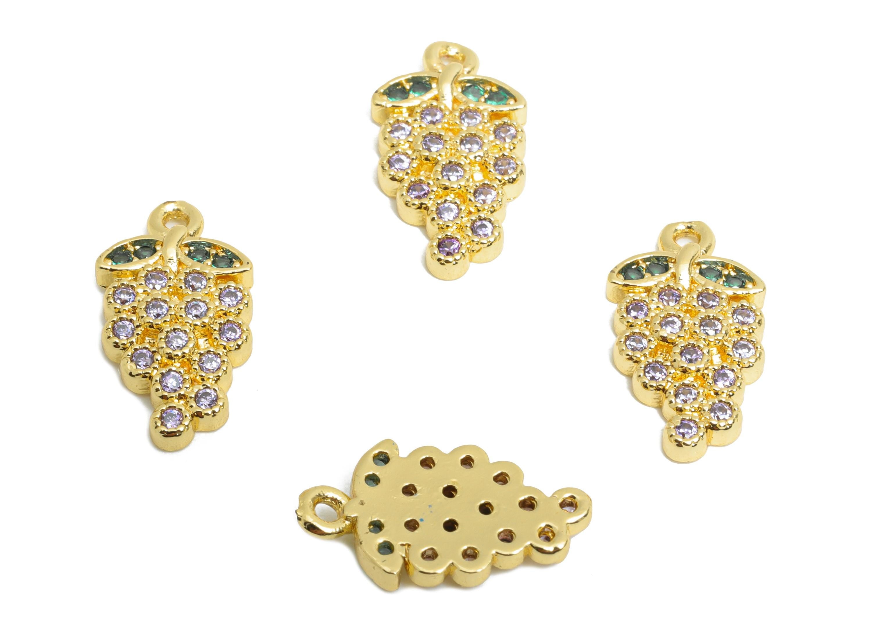 Brass CZ Grape Earring Charm - Gold Fruit Cubic Zircon Charm - Bunch of Grapes - 18K Real Gold Plated - 13x7x2.03mm - RGP9729 - DOMEDBAZAAR