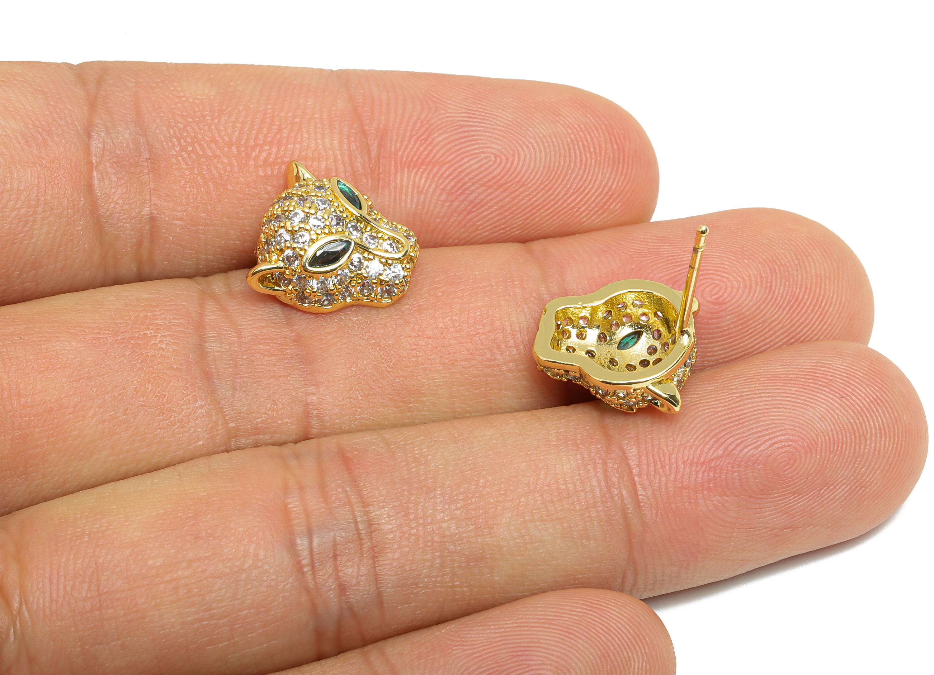Brass CZ Leopard Post Earring - Gold Zircon Leopard Head Earring Stud - Sparking Jewelry for Gift - 18K Gold Plated - 12.7x12x6.2mm -RGP9557 - DOMEDBAZAAR