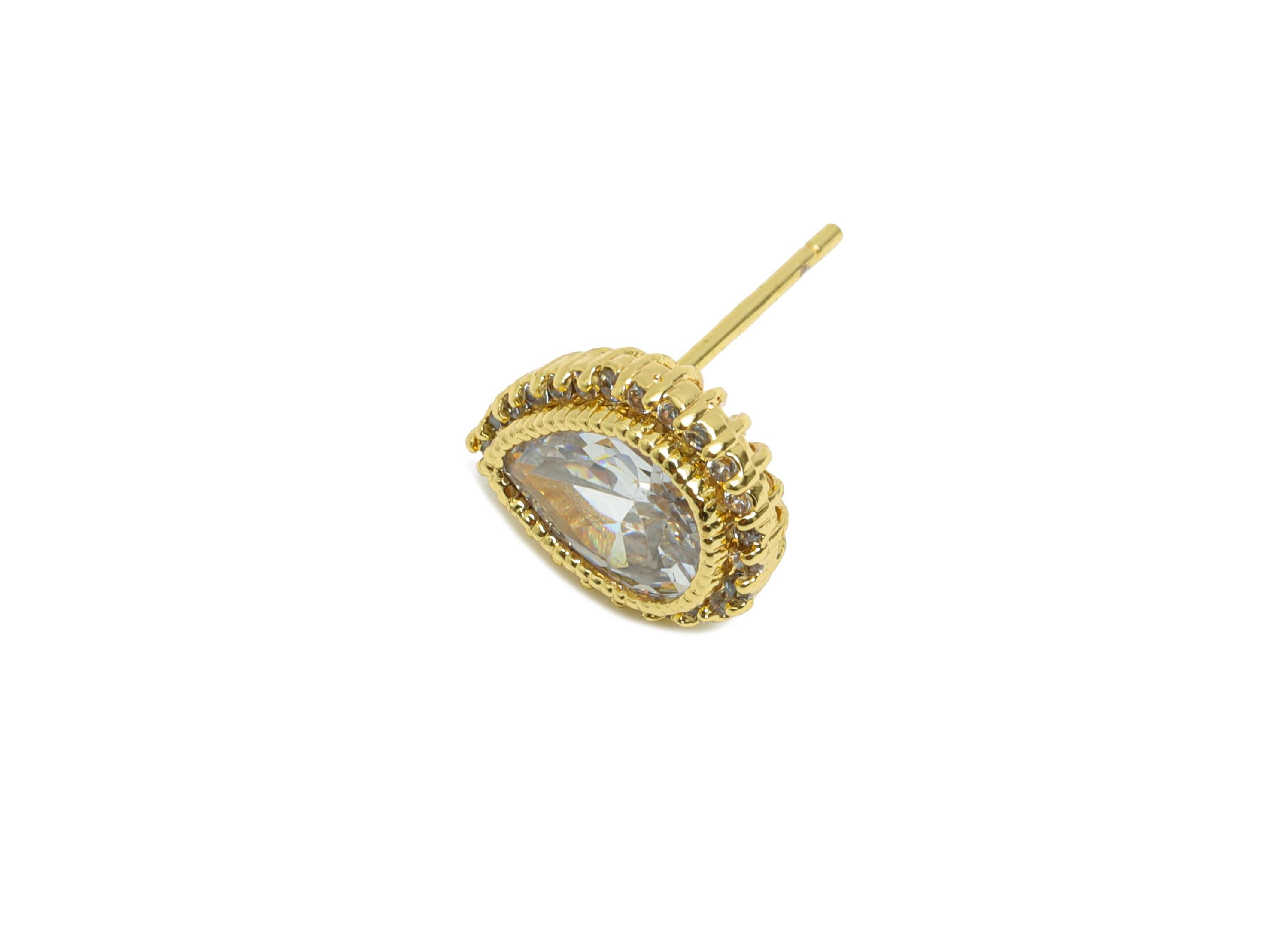 Brass CZ Drop Post - Gold Textured Drop Earrings Stud - Sparking Earring for Girls - 18K Real Gold Plated Brass - 11.4x9x0.78xmm - RGP9611 - DOMEDBAZAAR