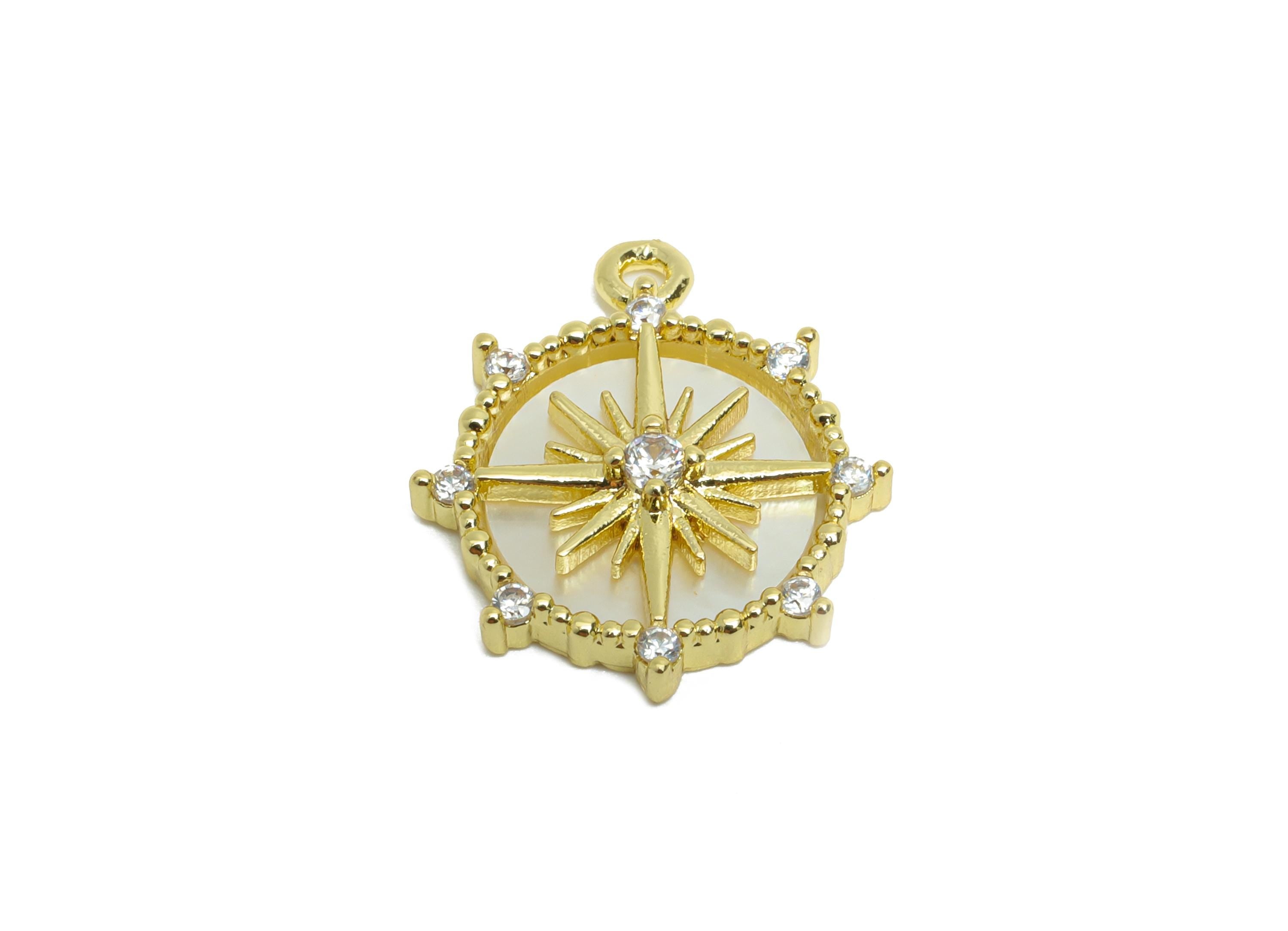 Brass CZ North Star Pendant - Gold Round Seashell Zircon Charm - Danity Geometric Jewelry - 18K Real Gold Plated -17.91x15.39x3.2mm -RGP9628 - DOMEDBAZAAR
