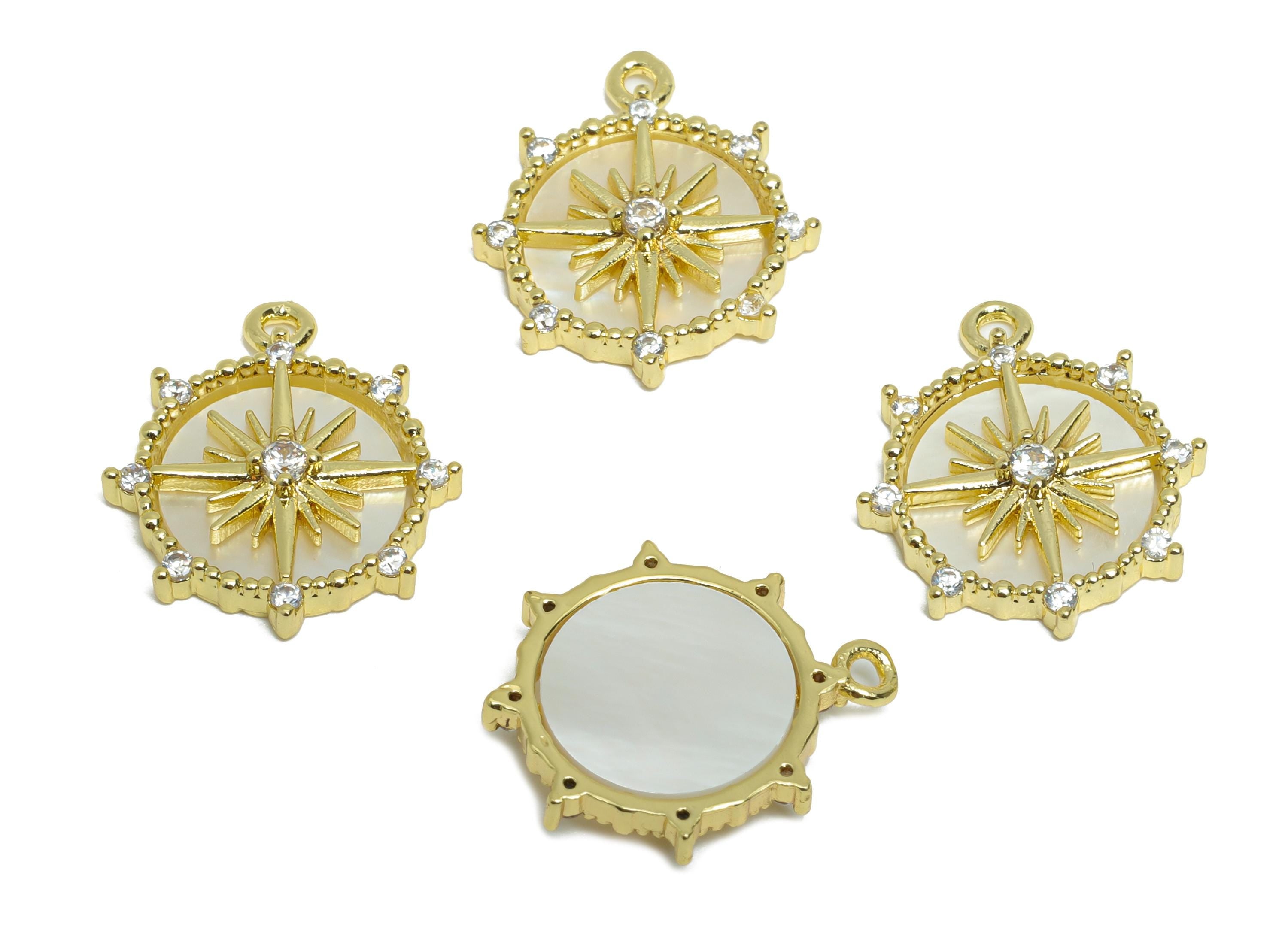 Brass CZ North Star Pendant - Gold Round Seashell Zircon Charm - Danity Geometric Jewelry - 18K Real Gold Plated -17.91x15.39x3.2mm -RGP9628 - DOMEDBAZAAR