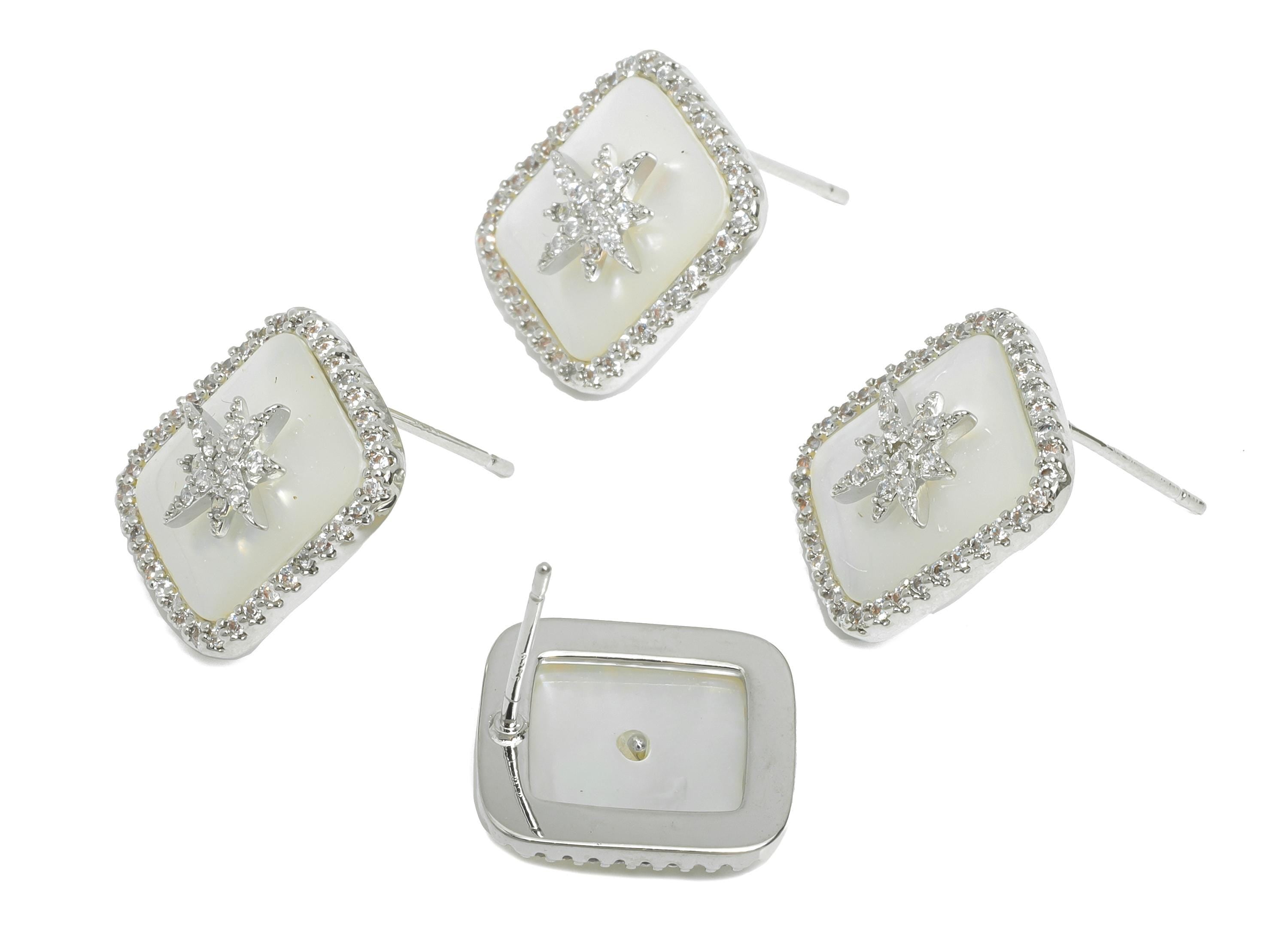 Sparkling CZ Brass Stud - Brass Rectangle Seashell Post - Silver North Star Earring Post- 18K White Gold Plated - 14.62x13.07x0.76mm-RGP9592 - DOMEDBAZAAR