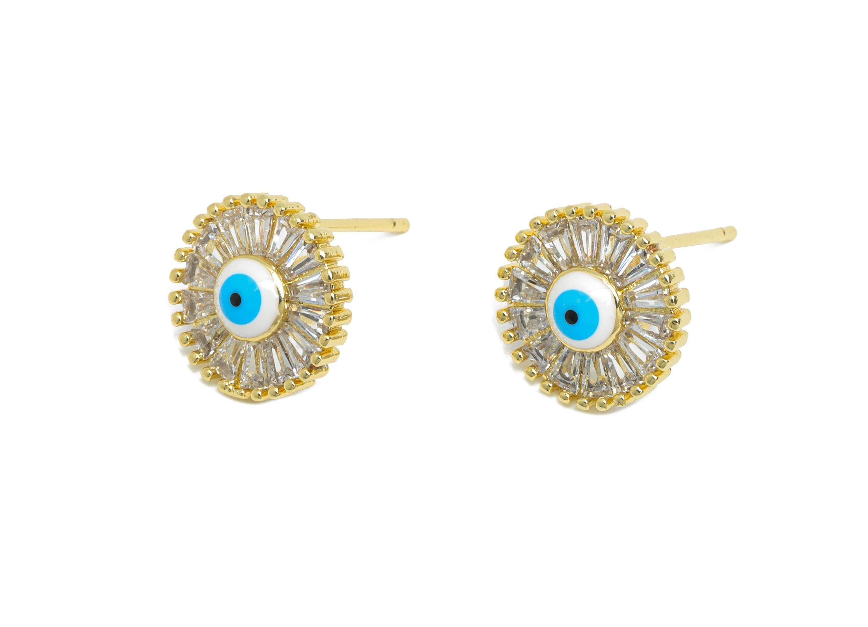Brass Enamel Eye Stud Earring - Gold Zircon Round Earring Stud - Sparking Jewelry for Gift- 18K Real Gold Plated - 12x3.9x1.52mm - RGP9556 - DOMEDBAZAAR