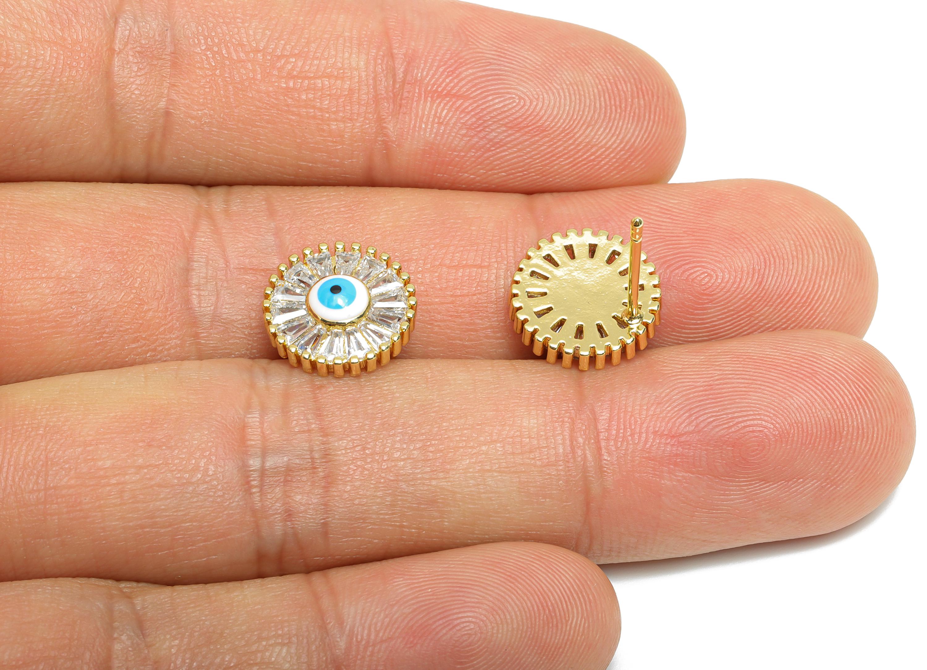 Brass Enamel Eye Stud Earring - Gold Zircon Round Earring Stud - Sparking Jewelry for Gift- 18K Real Gold Plated - 12x3.9x1.52mm - RGP9556 - DOMEDBAZAAR