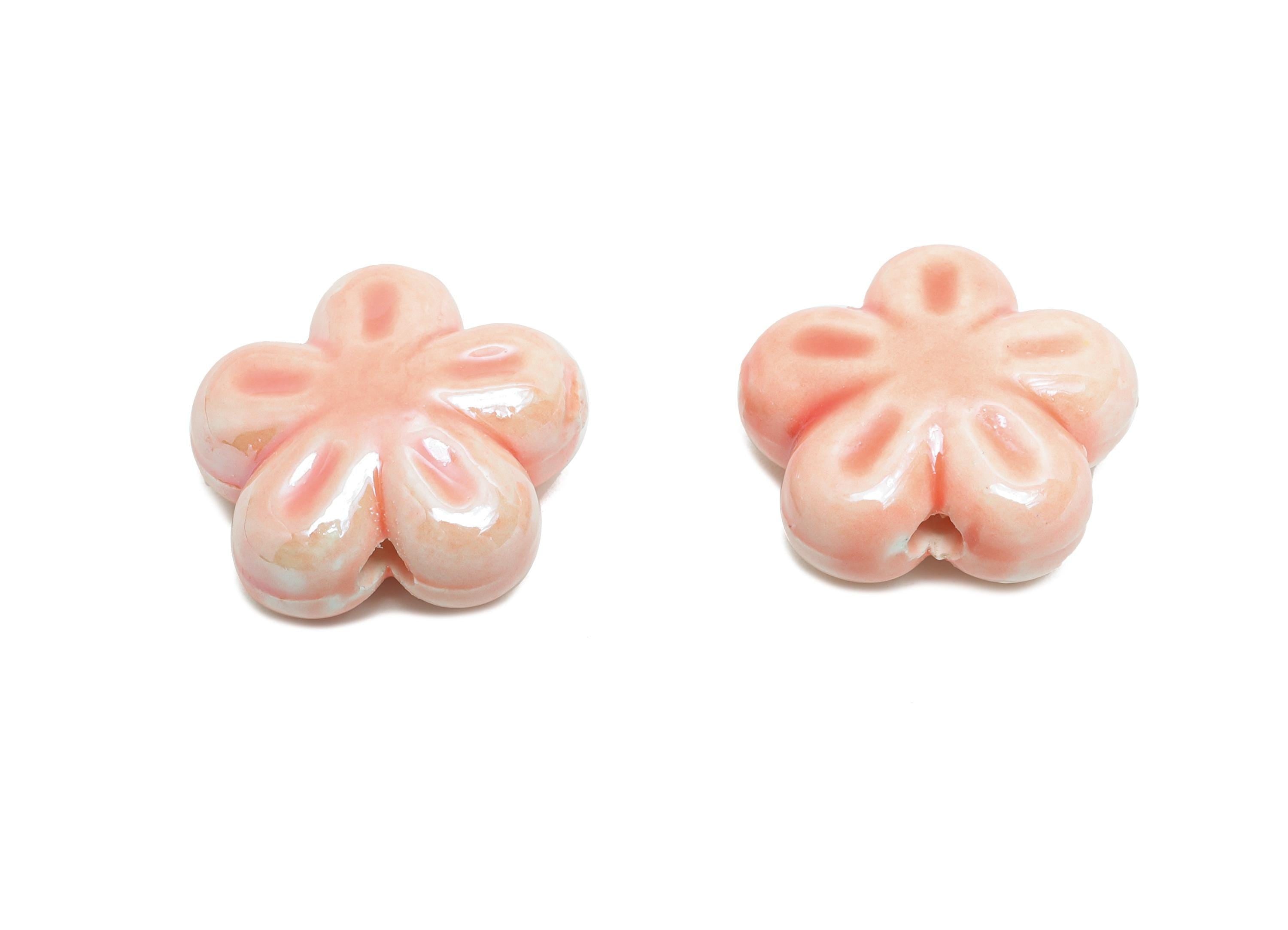 Glazed Ceramic Flower Beads - Craft Beads for Necklace or Bracelet - Pink Floral Beads - Handmade  Making Supplies - 17x17x8mm - NS2831 - DOMEDBAZAAR