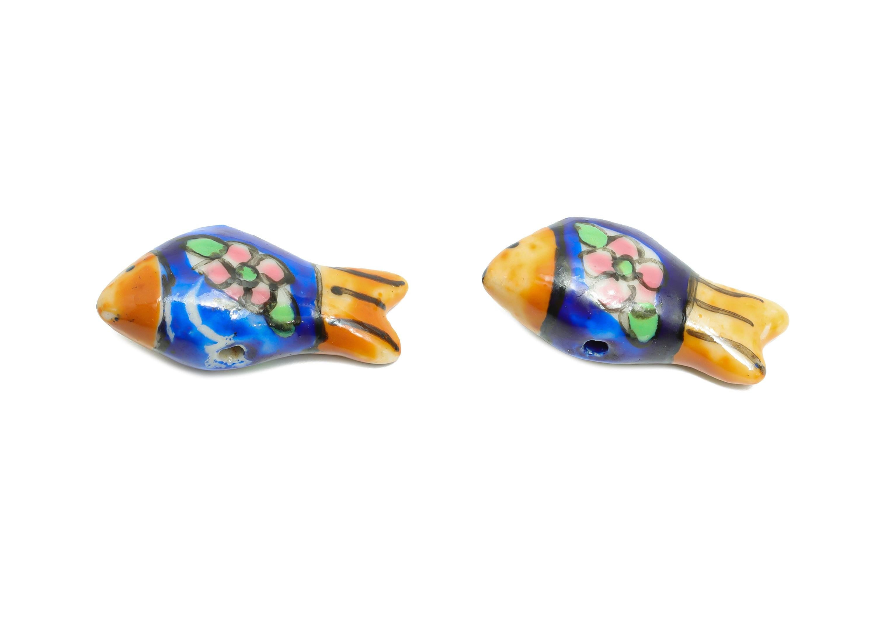 Glazed Ceramic Fish Beads - Craft Beads for Necklace or Bracelet - Marine Colorful Beads - Handmade Making Jewelry - 28x13x9.74mm - NS2851C - DOMEDBAZAAR