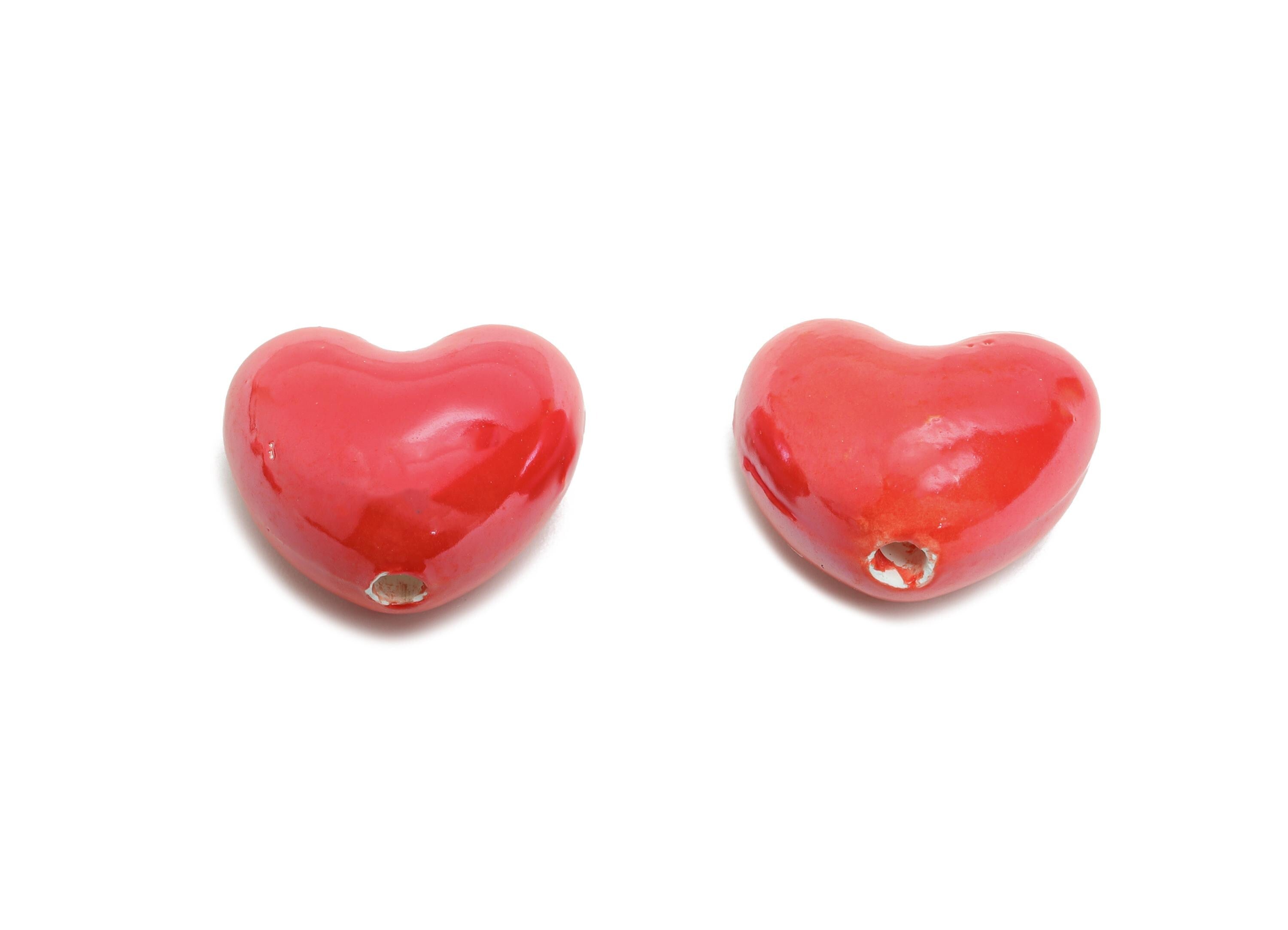 Glazed Ceramic Heart Beads - Craft Beads for Necklace or Bracelet - Red Heart Beads - Handmade Jewelry Making - 14.09x16.33x9.95mm - NS2839 - DOMEDBAZAAR