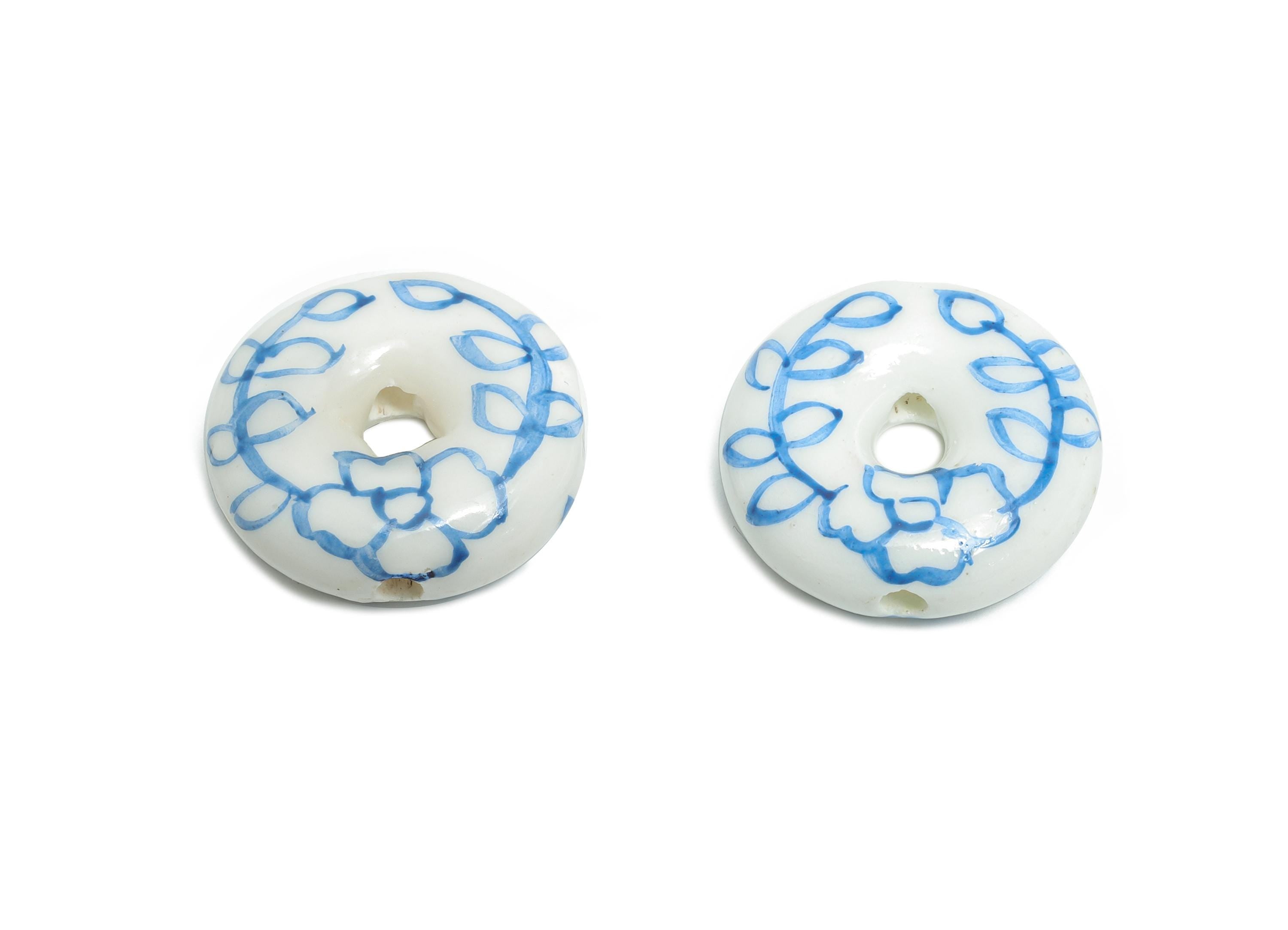 Glazed Ceramic Donut Beads - Round Ceramic Hoop Beads Component - Hand-Painted Leaf Beads - Jewelry Making Beads - 18.2x18.57x6.2mm - NS2832 - DOMEDBAZAAR