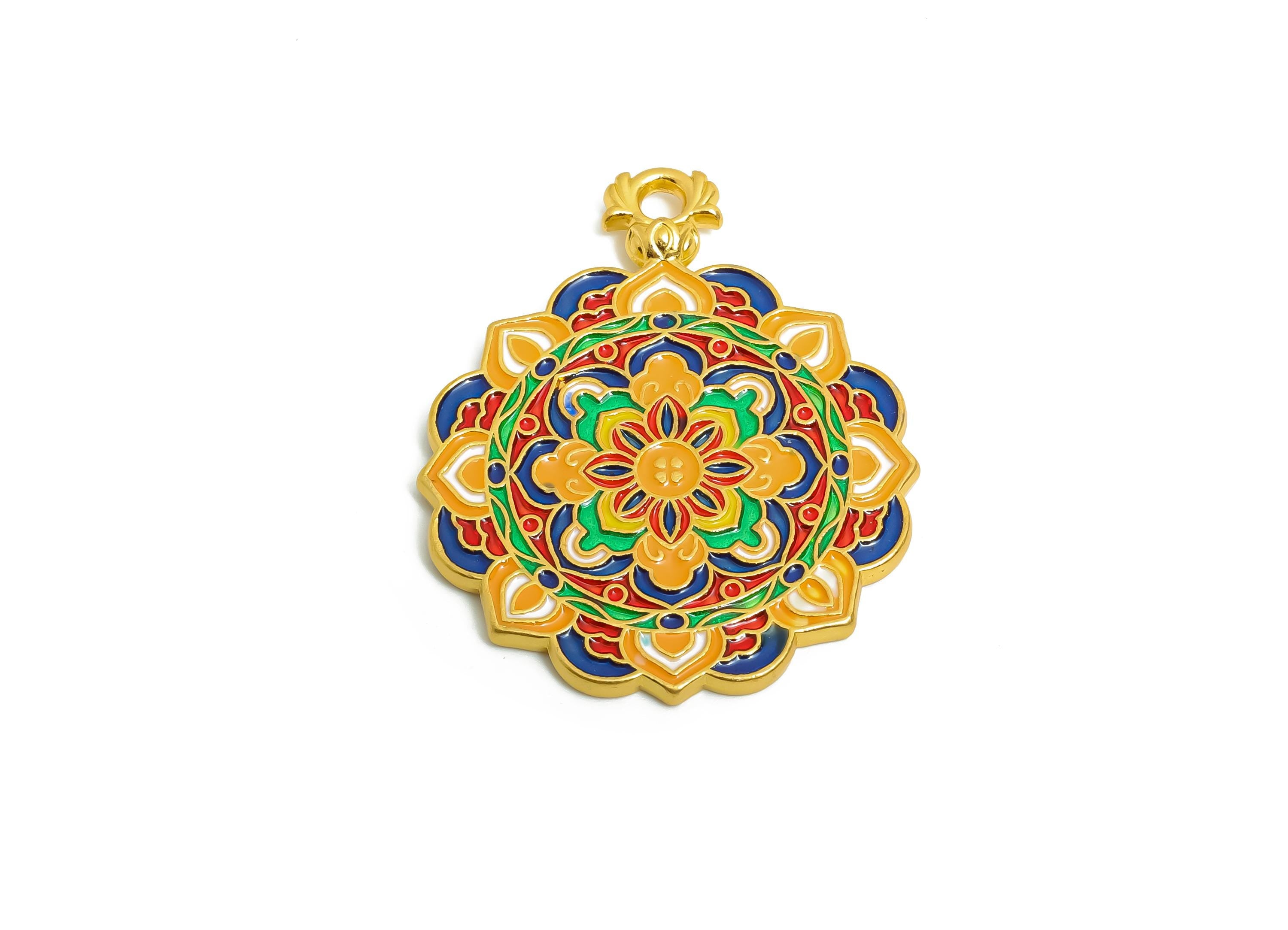Alloy Colorful Mandala Pendant - Gold Alloy Rainbow Enamel Pendant - Eastern Charm - 18K Matte Gold  - 33x27x3.52mm - ZZ2139 - DOMEDBAZAAR