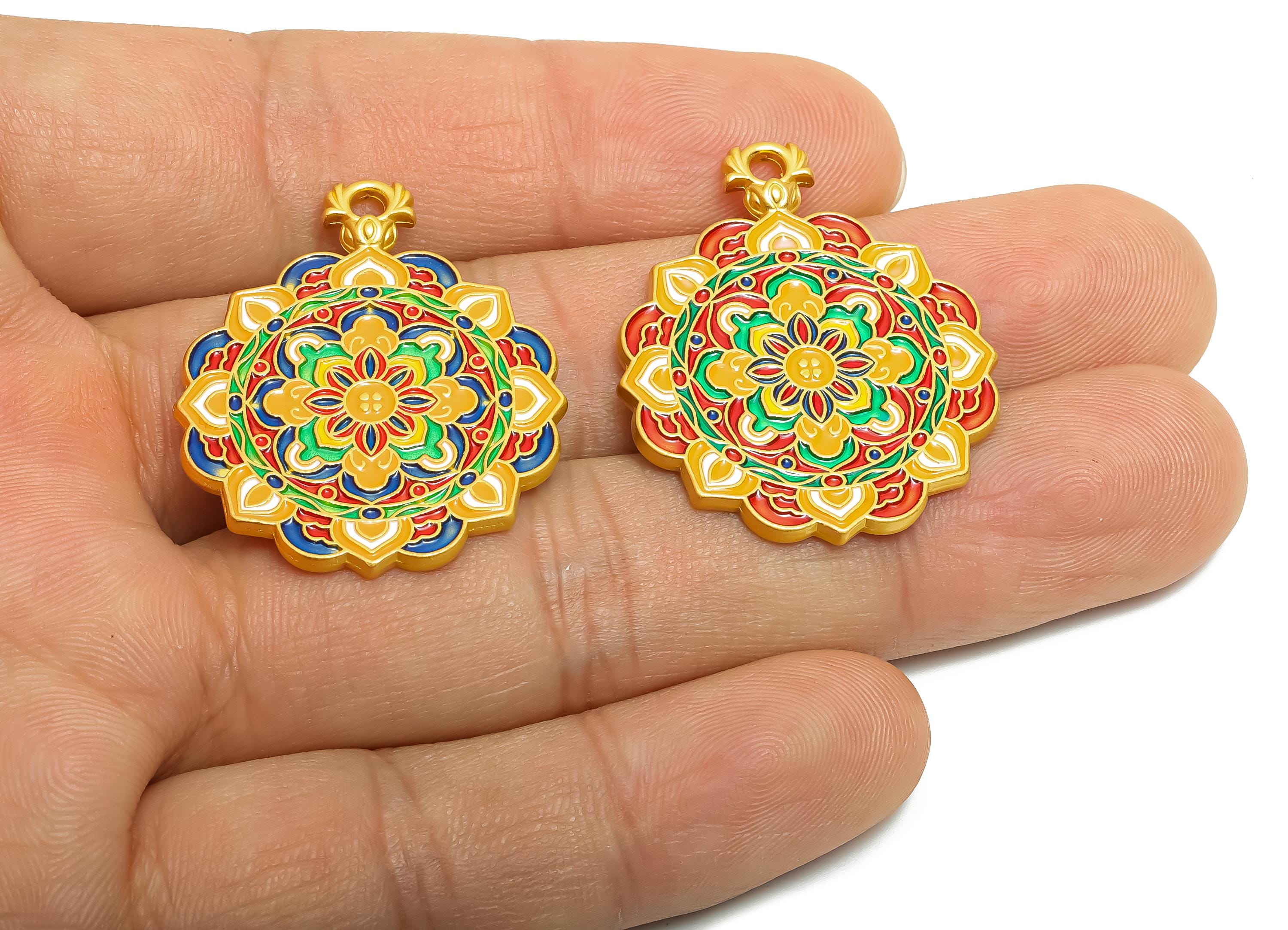 Alloy Colorful Mandala Pendant - Gold Alloy Rainbow Enamel Pendant - Eastern Charm - 18K Matte Gold  - 33x27x3.52mm - ZZ2139 - DOMEDBAZAAR