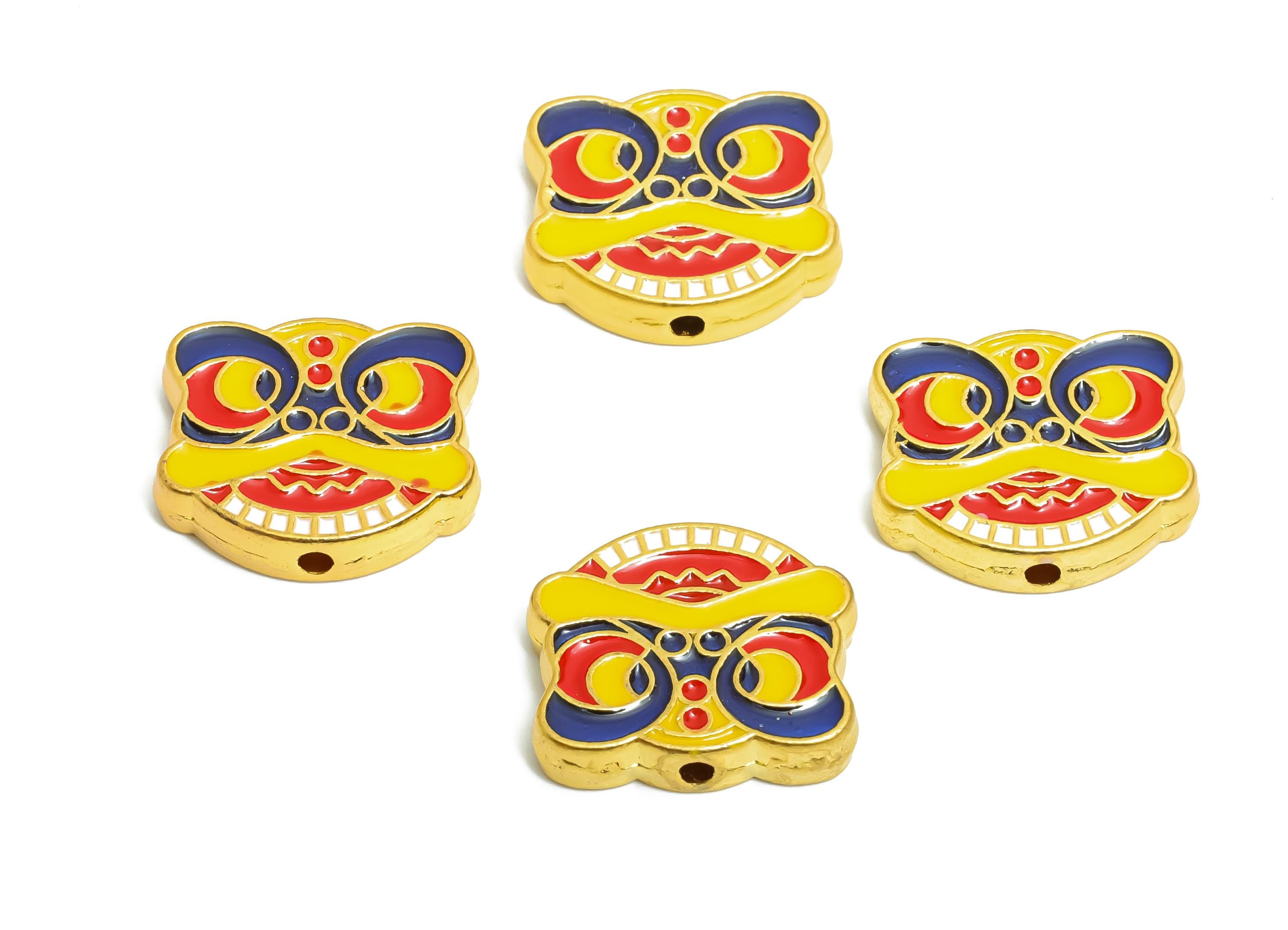 Alloy Lion Dance Bead -  Enamel Bead for Bracelets - Traditional Vibrant Bead Jewelry - Eastern Charm - 18K Matt Gold - 13x16x3mm - ZZ2149 - DOMEDBAZAAR