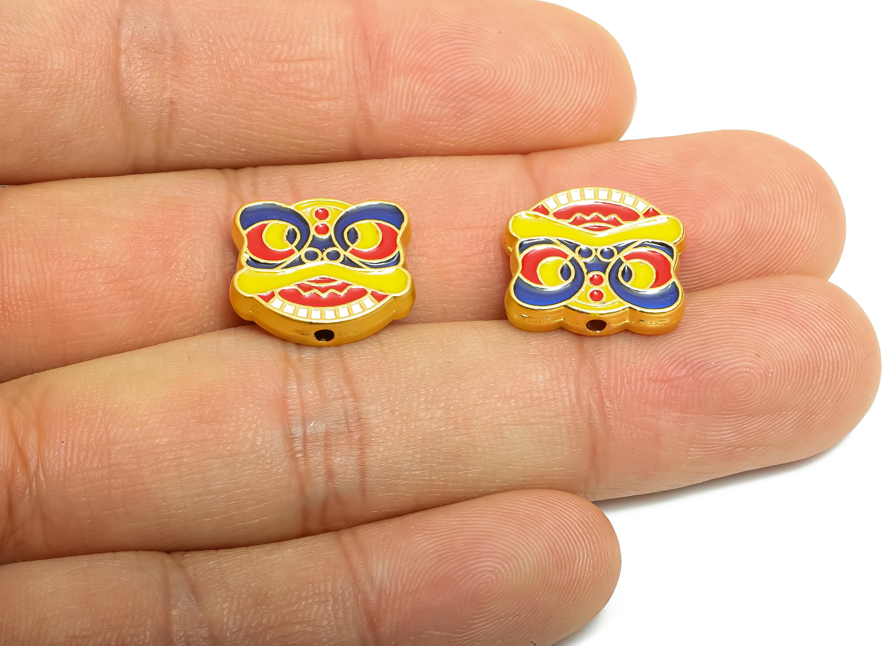 Alloy Lion Dance Bead -  Enamel Bead for Bracelets - Traditional Vibrant Bead Jewelry - Eastern Charm - 18K Matt Gold - 13x16x3mm - ZZ2149 - DOMEDBAZAAR