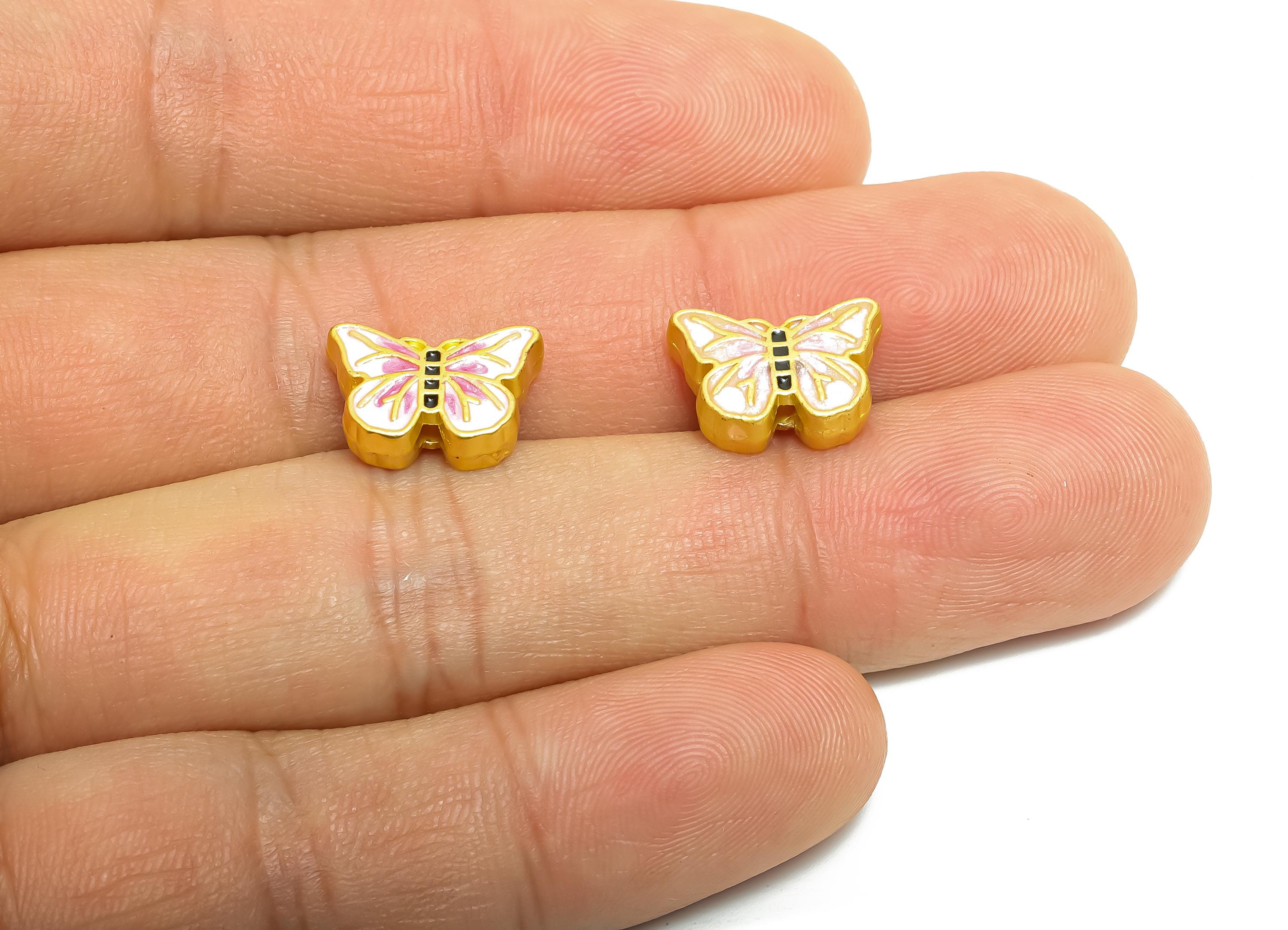 Alloy Butterfly Bead - Pink Enamel for Bracelets - Butterfly Jewelry Bead - Handcrafted Butterfly Bead - 18K Matt Gold - 13x9x4mm - ZZ2137 - DOMEDBAZAAR