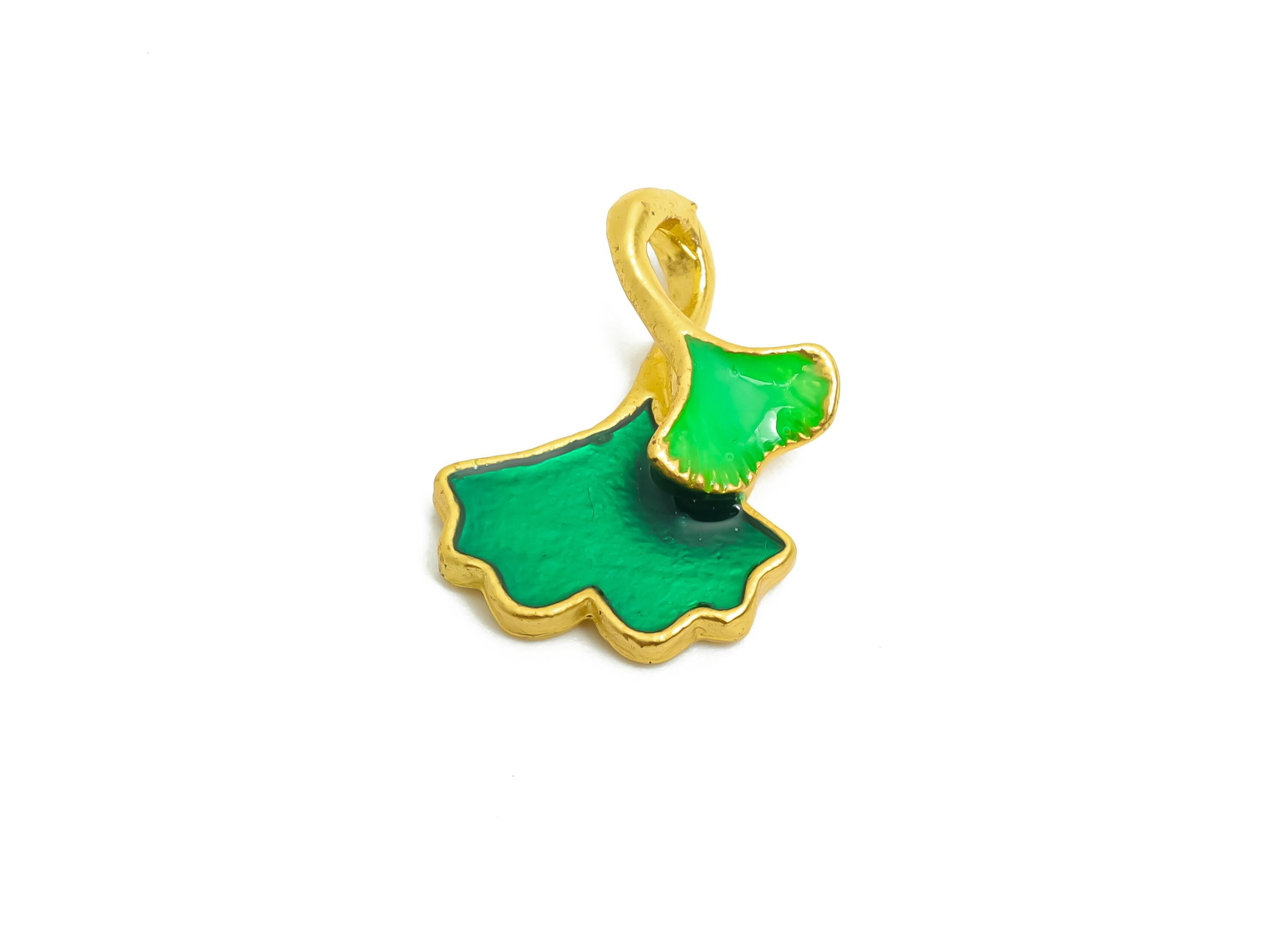 Alloy Ginkgo Leaf Charm - Green Enamel for Bracelets - Botanical Jewelry - DIY Handcrafted Charm - 18K Matte Gold - 16x13x3.4mm - ZZ2132 - DOMEDBAZAAR