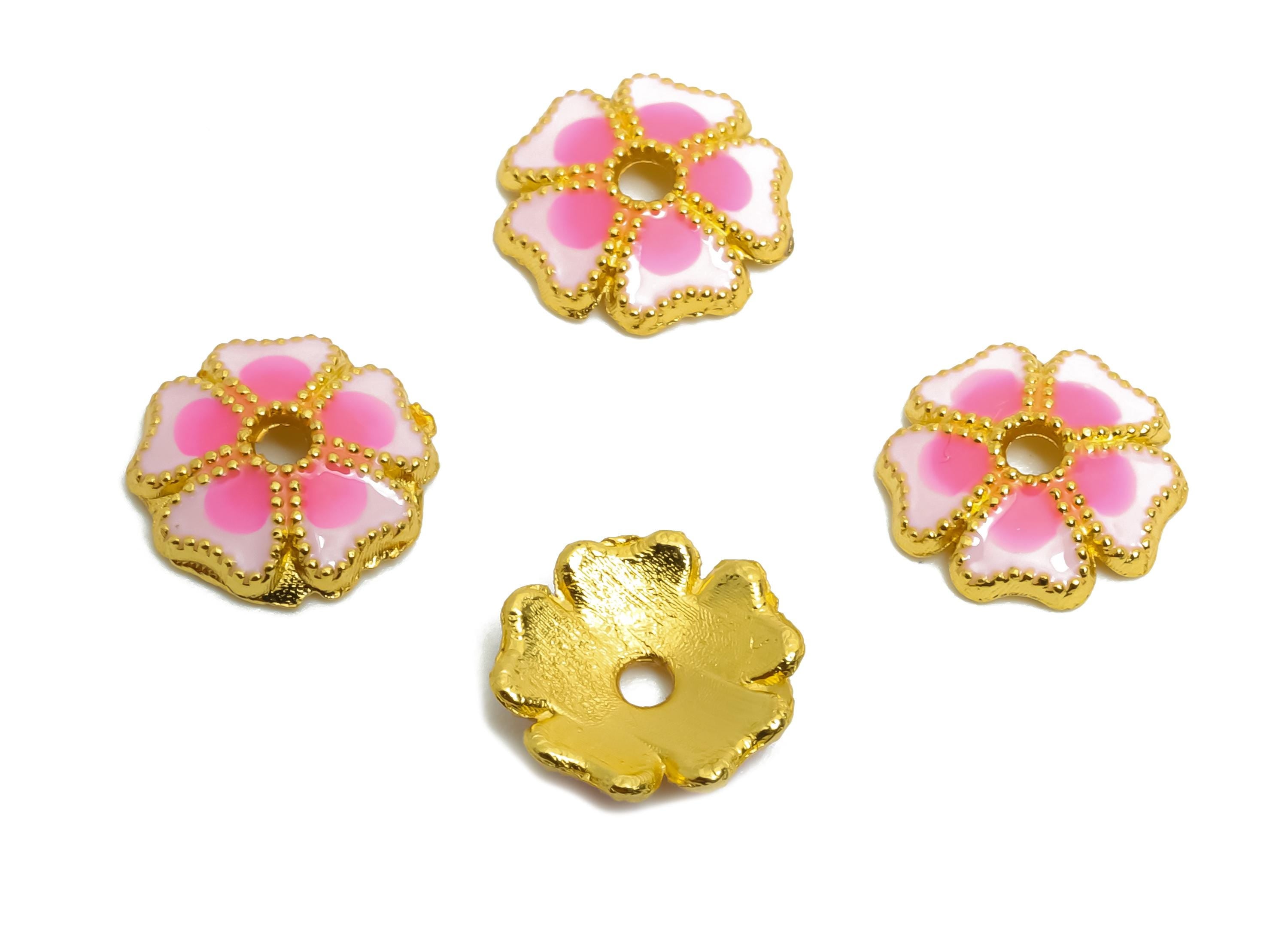 Alloy Pink Floral Bead - Colorful Enamel for Bracelets - Bead Cap Jewelry - DIY Handcrafted Bead Base - 18K Matte Gold - 8x8x1.8mm - ZZ2146 - DOMEDBAZAAR